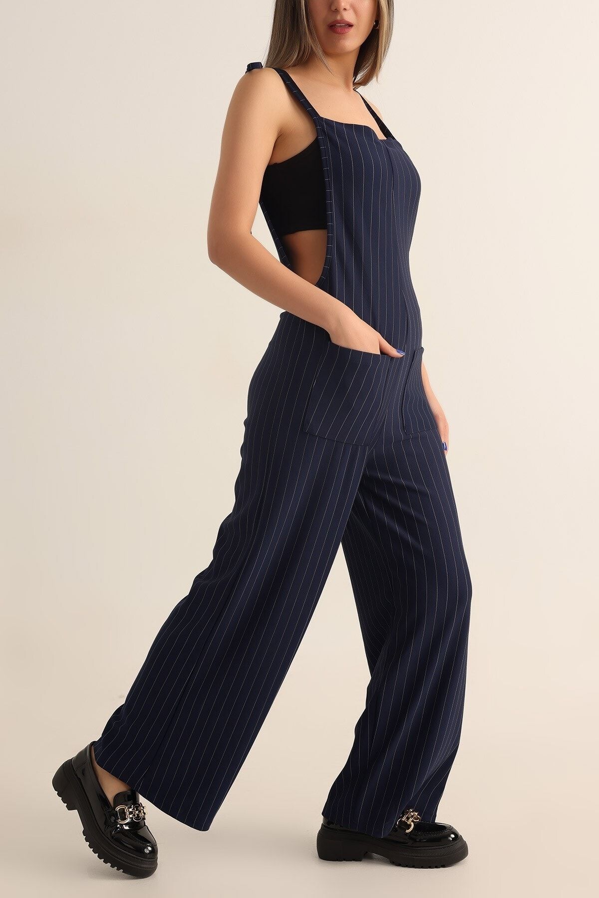 Navy blue and top white striped jumpsuit