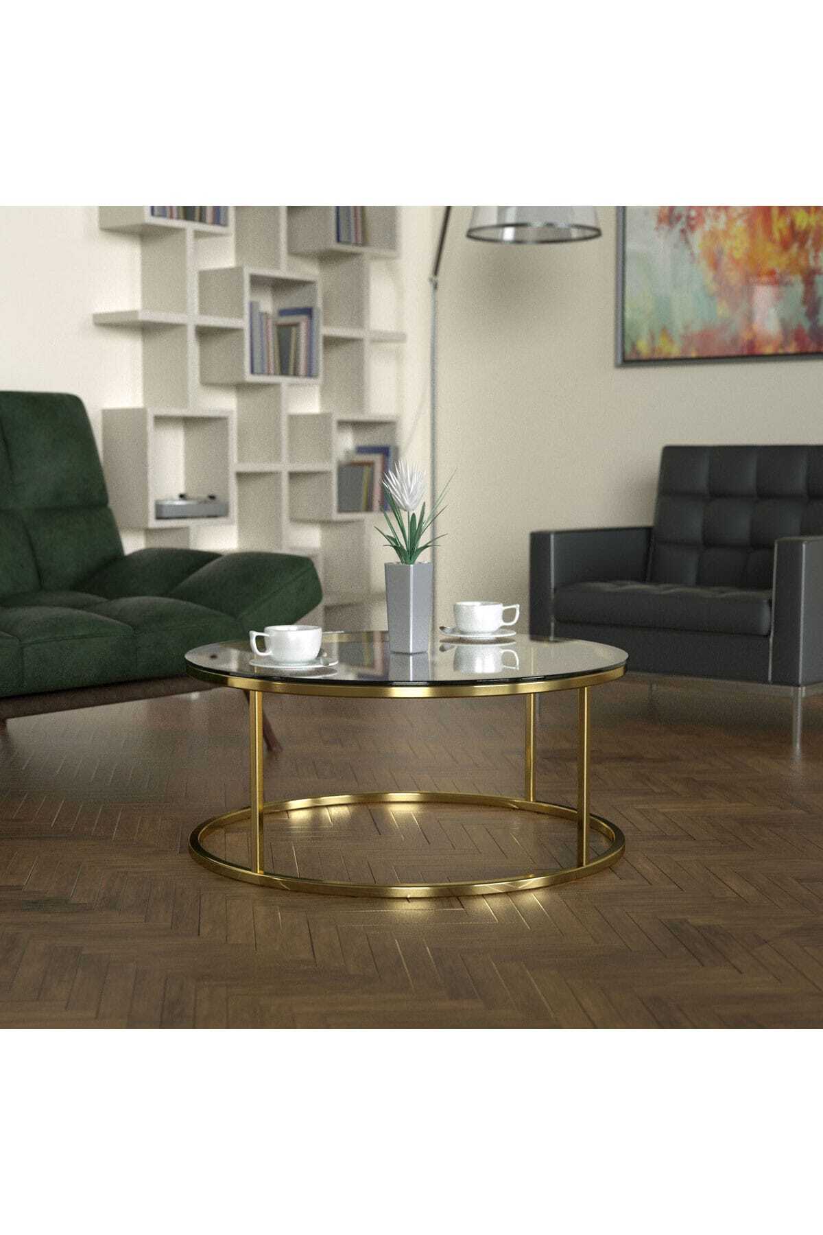 Evka Potrica Yuvarlak Orta Sehpa Pirinç Ayak Cam Tabla