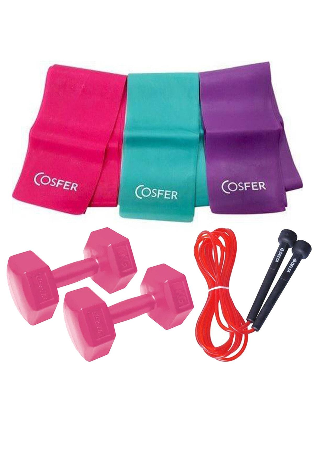 Jet Cosfer 3 Lü Pilates Bandı, Jimnastik 3lü Plates Lastiği 120x7.5 Cm + Atlama İpi + 1 Kg Dambıl Seti