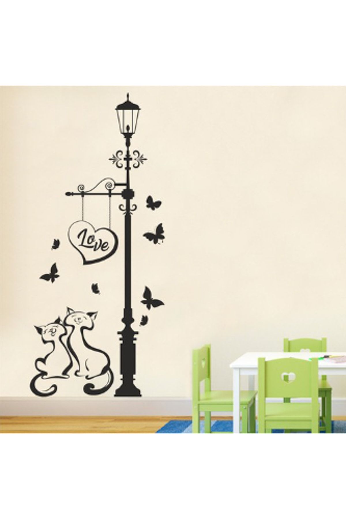 Sticker Sepetim Street Lamp And Love Cats Dekoratif Duvar Sticker
