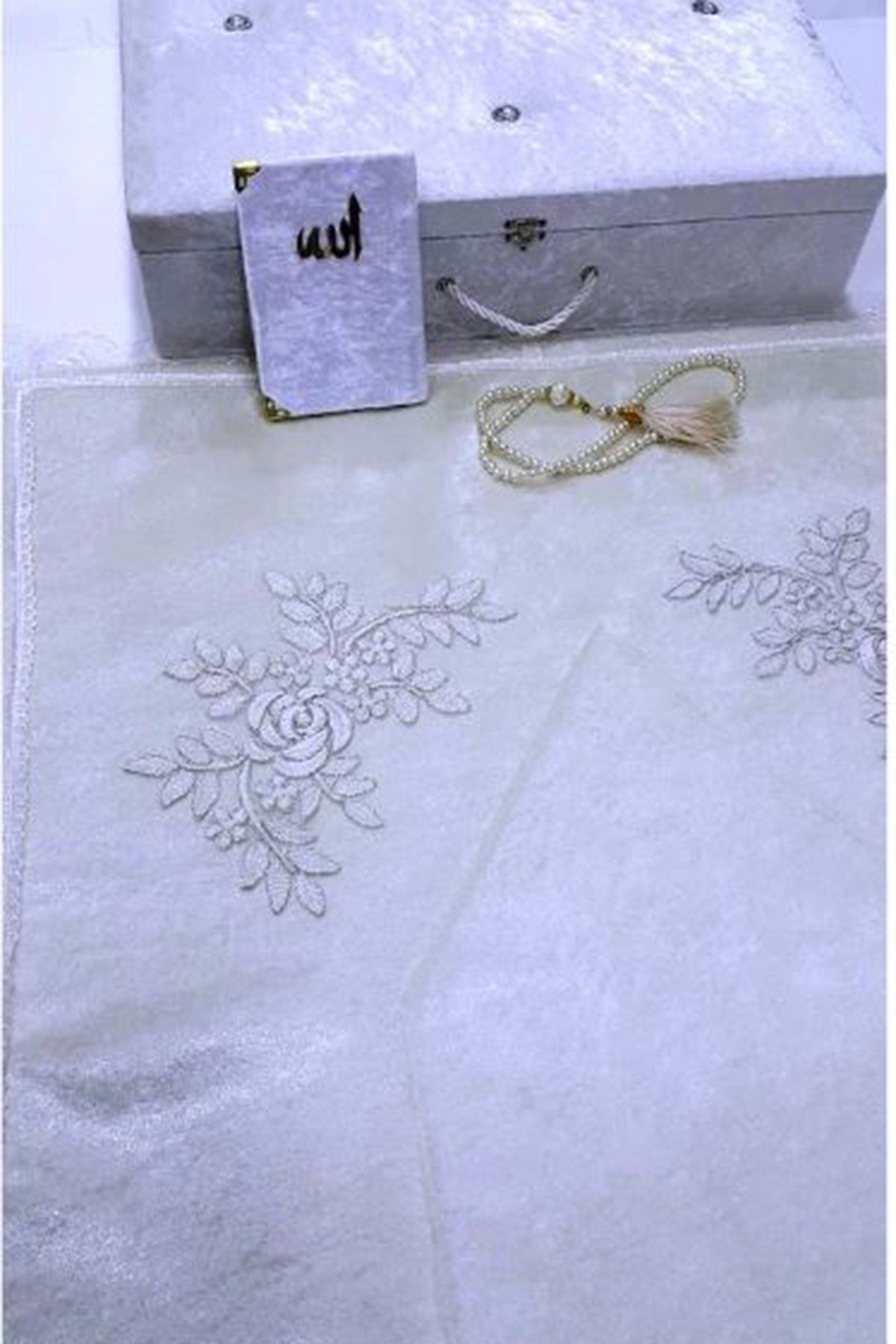 Çt Çeyizci Tekstil kadife seccade takımı 7 parça çeyizlik lüks seccade seti Krem