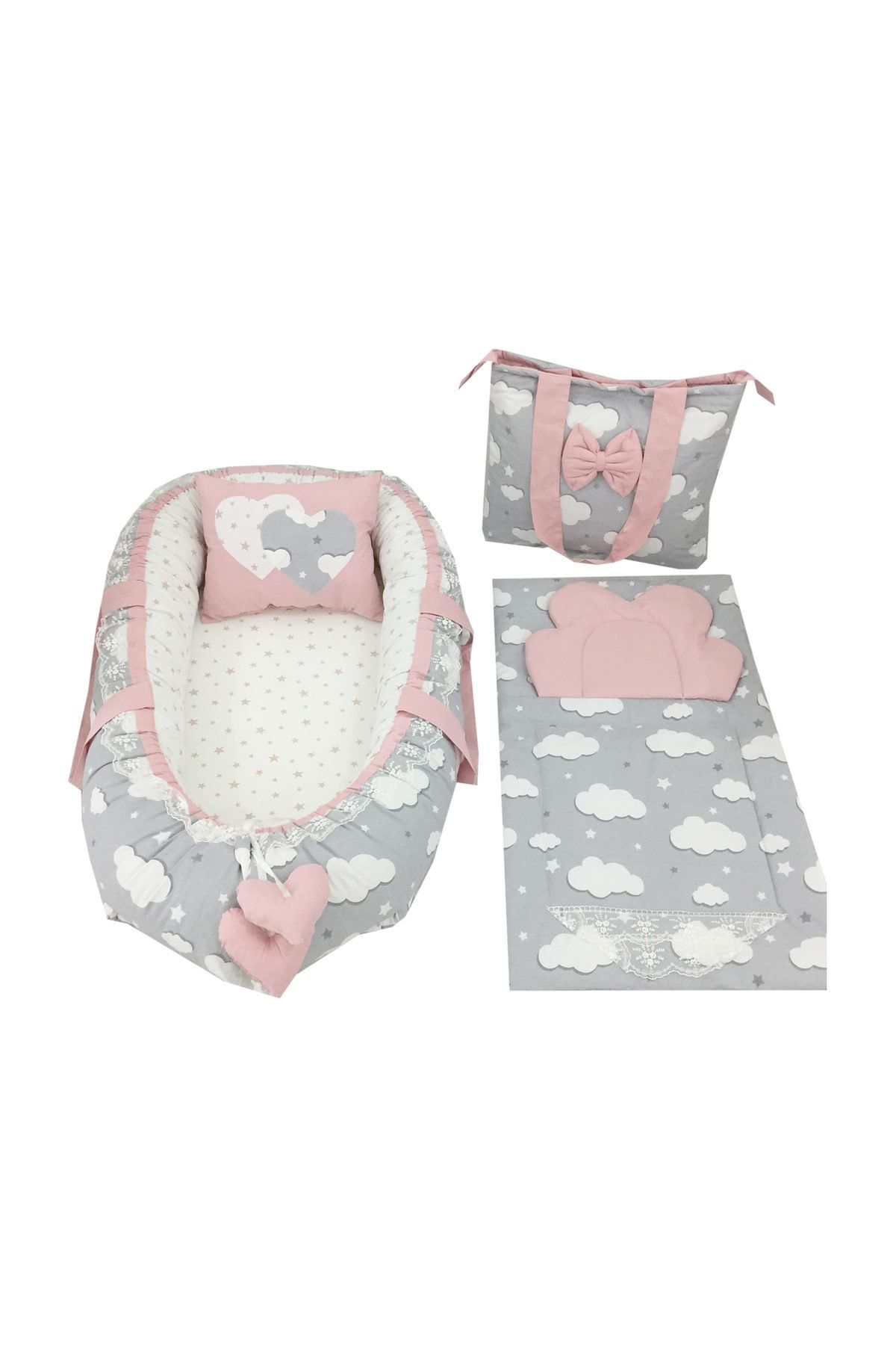 Jaju Baby Gri Bulutlu Pudra Tasarım Babynest Çanta ve Altaçma Minderi Set