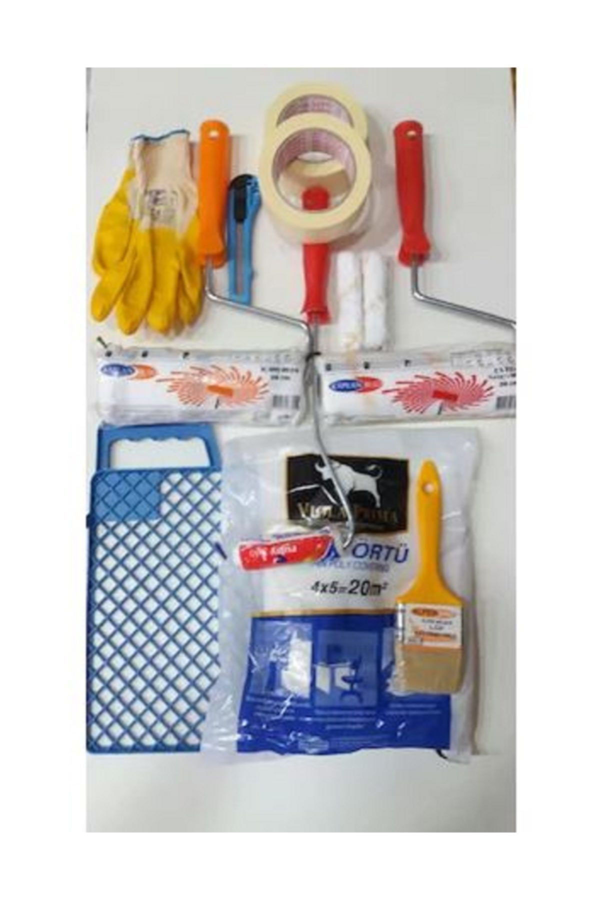 ALPERYAPI 12 Parça Amatör Boyacı Seti Rulo Fırça Bant Eldiven Örtü