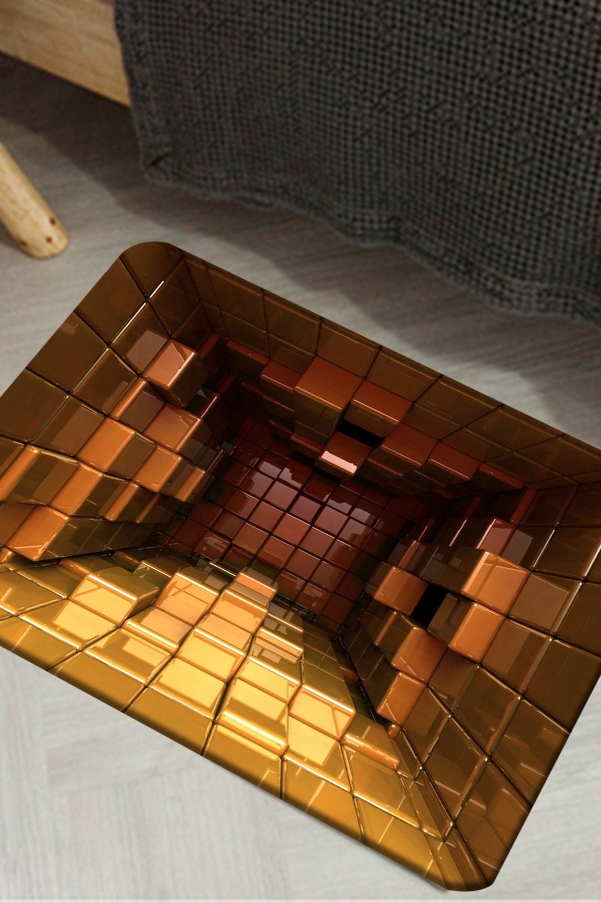 Else Halı Canel Sarı Kutular 3D Dekoratif Modern Ev İçi Kapı Önü Paspası 50X80Cm