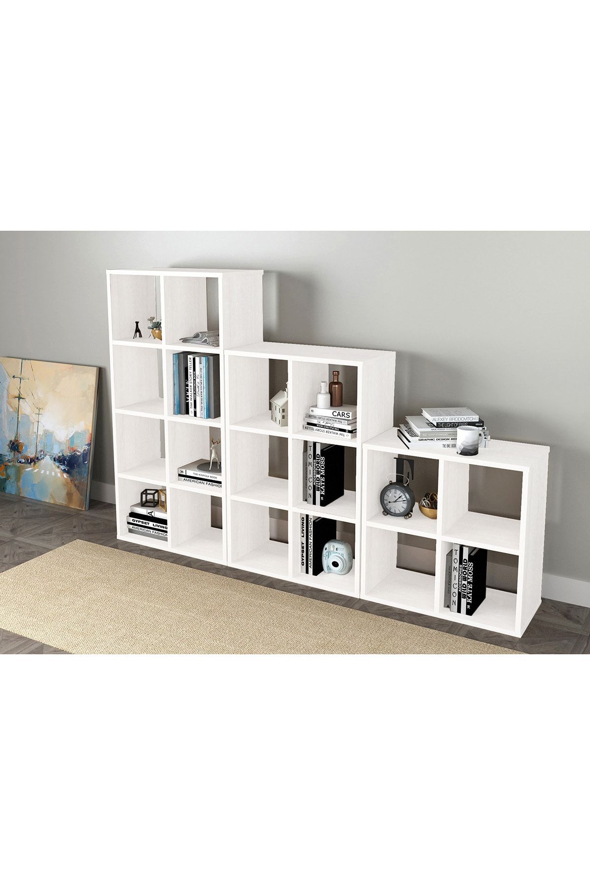 Sanal Mobilya Cube 3'Lü Set 18 Raflı Kitaplık Mat Beyaz