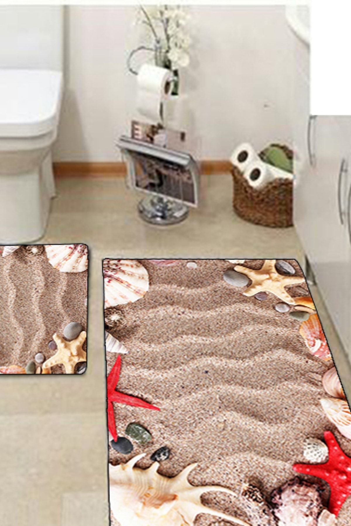 Else Halı 3 Boyutlu Kumsal Klozet Takımı 2Li Banyo Paspas Seti Halısı