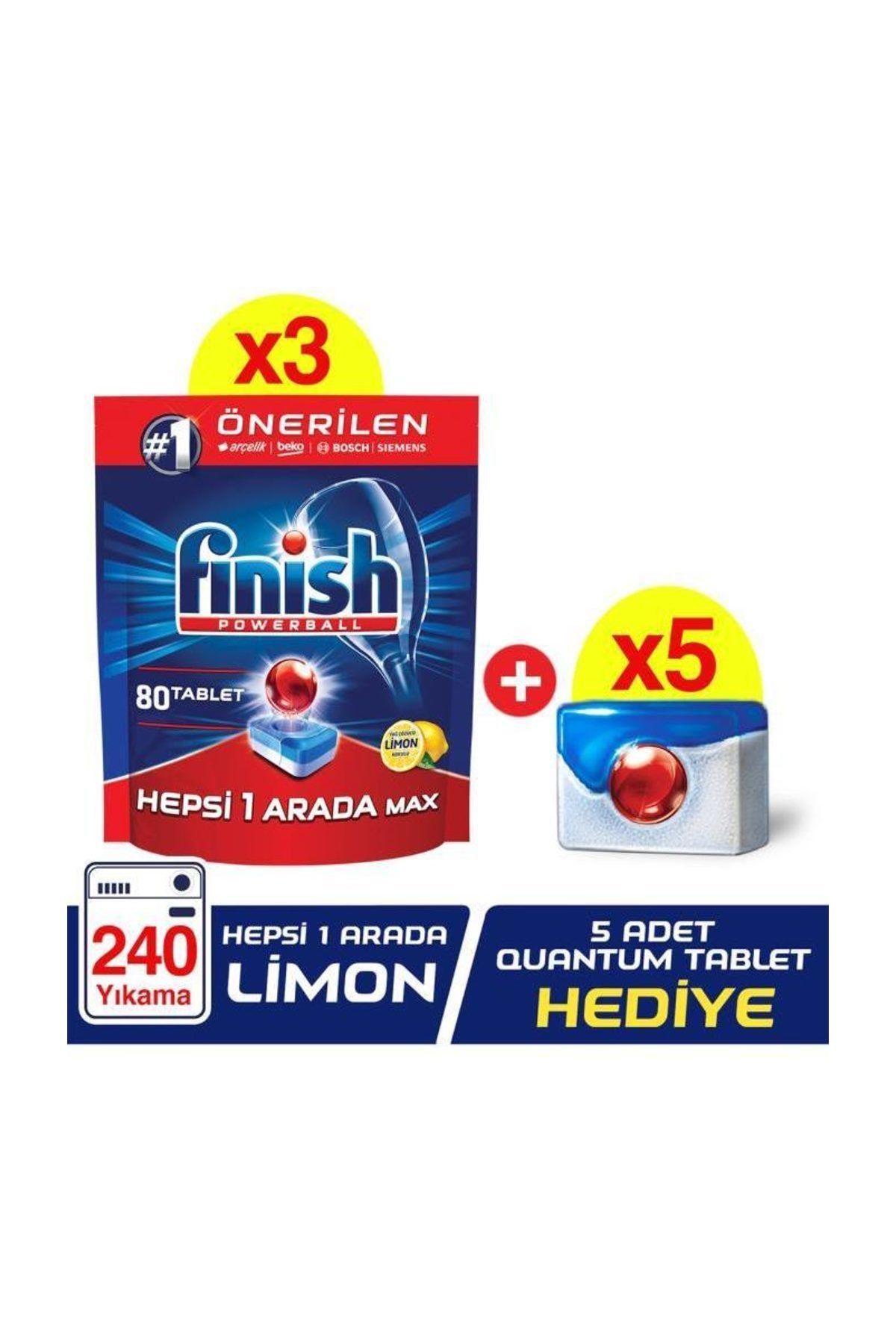 Finish Hepsi Bir Arada 240 Tablet Bulaşık Makinesi Deterjanı Limon (80X3)+Quantum 1 Tablet 5 Adet