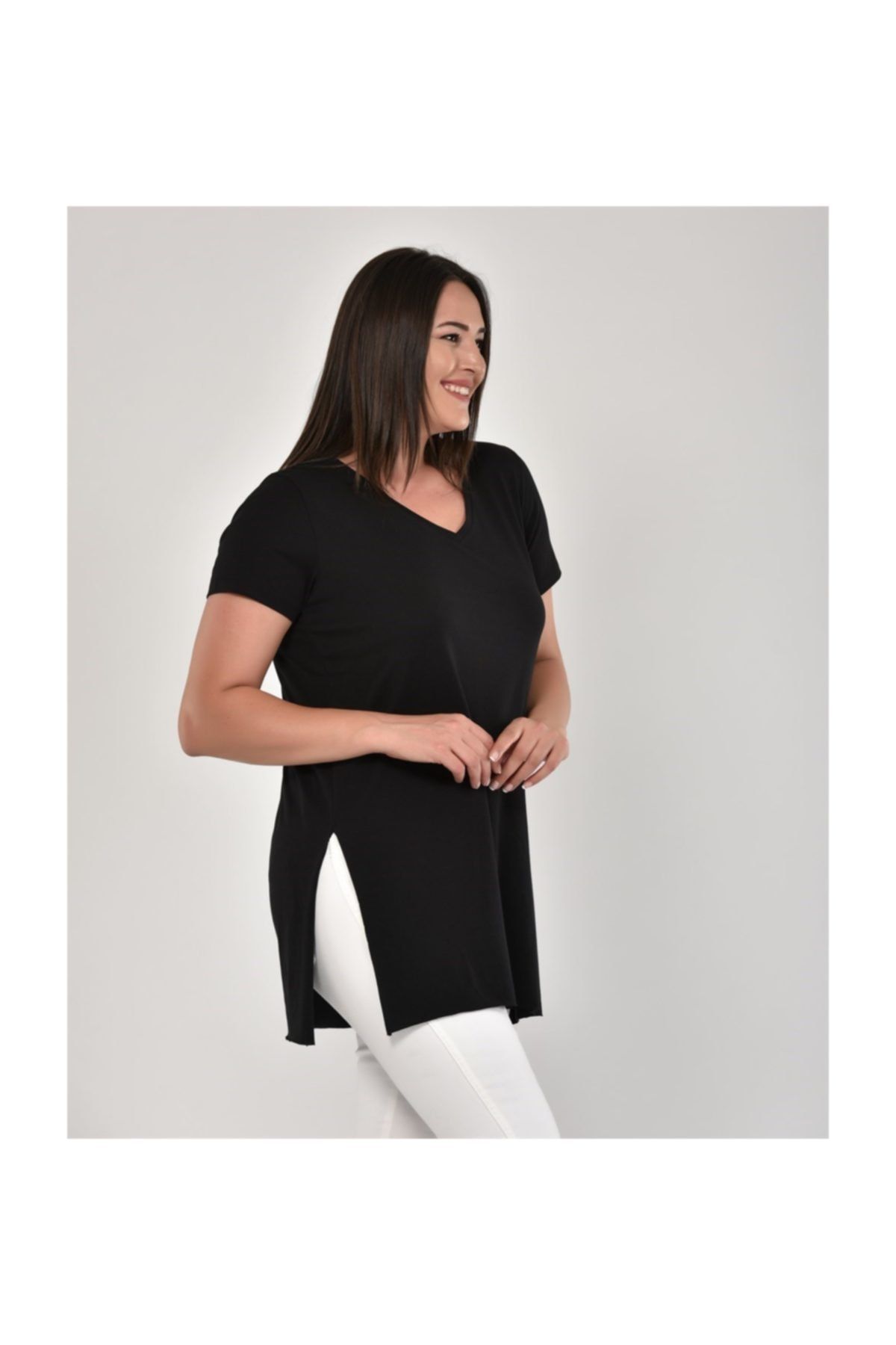 Seamoda V Yaka Yırtmaçlı Basıc T-shirt Siyah