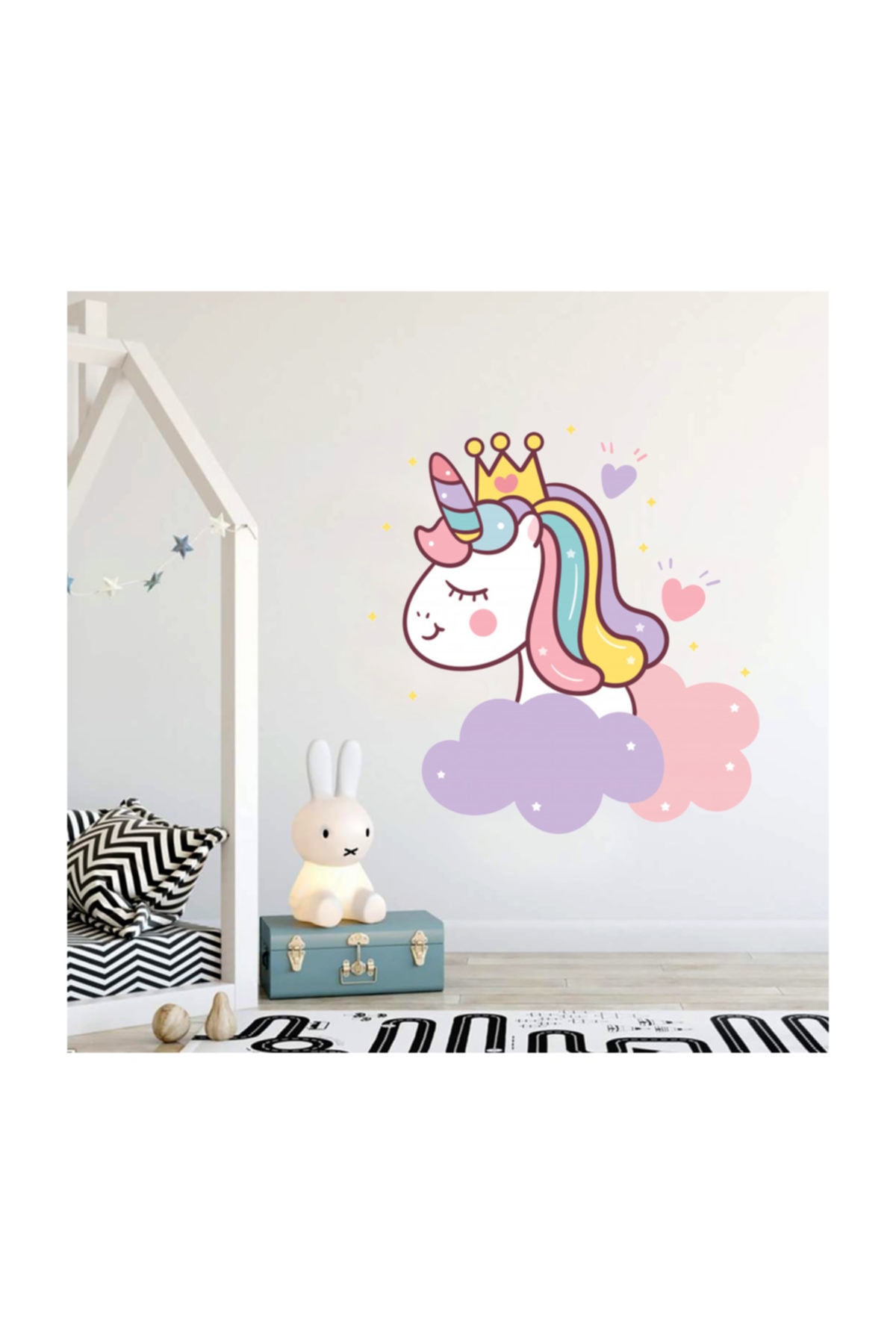 Sticker Sepetim Mavi Pembe Bulut Ve Prenses Unicorn Çocuk Odası Dekoratif Duvar Sticker