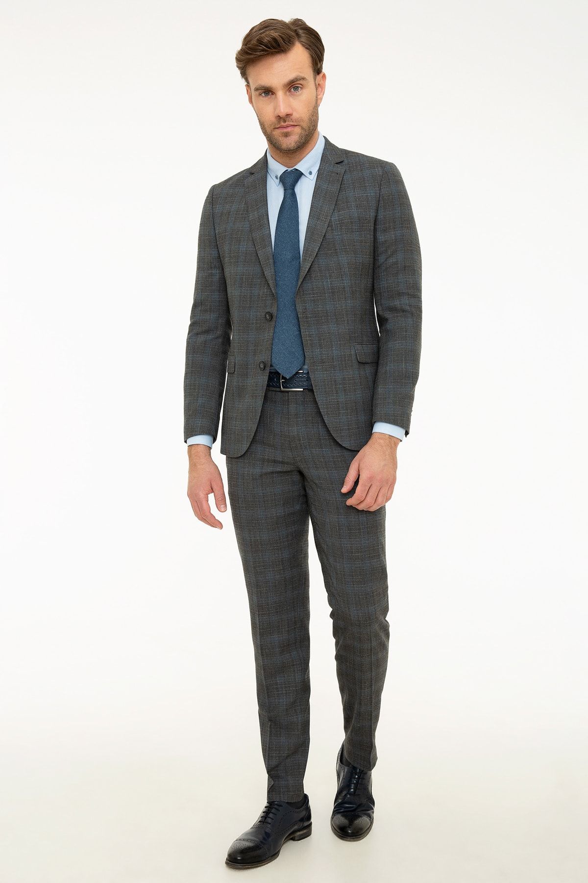 Pierre Cardin Erkek Ekose Füme Ekstra Slim Fit Takım Elbise