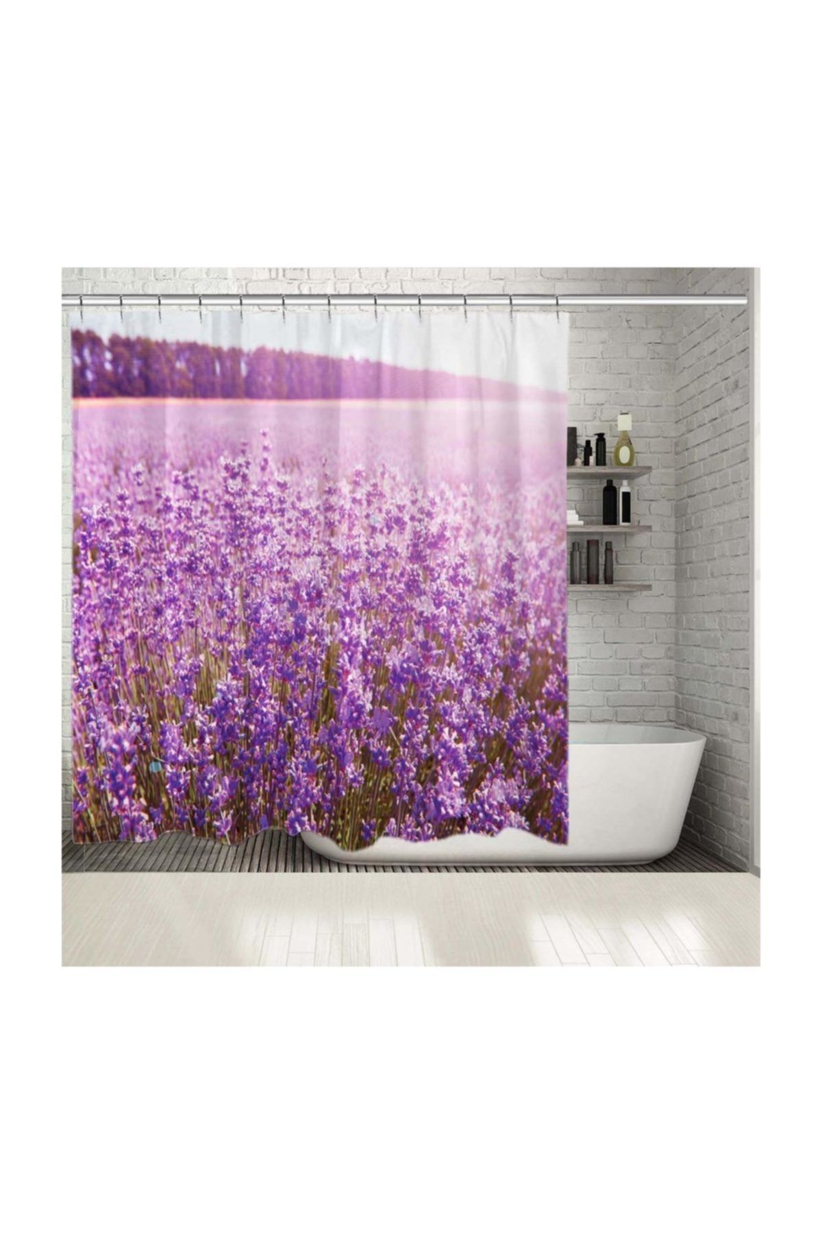 Henge Home Baskılı Duş Perde Lila Lavanta Çiçeği Yaz Tarlası Desenli