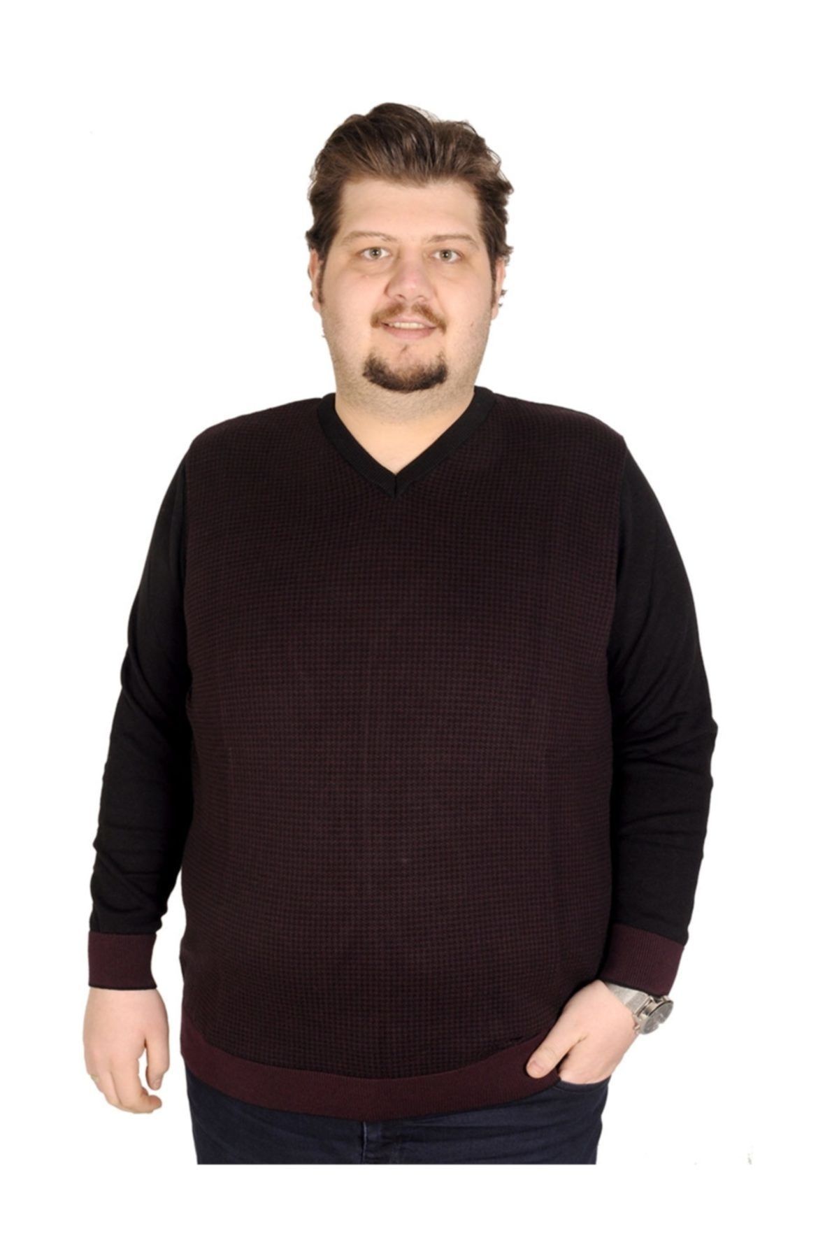 ModeXL Buyuk Beden Erkek Kazak V Yaka Cotton Star 18261 Siyah