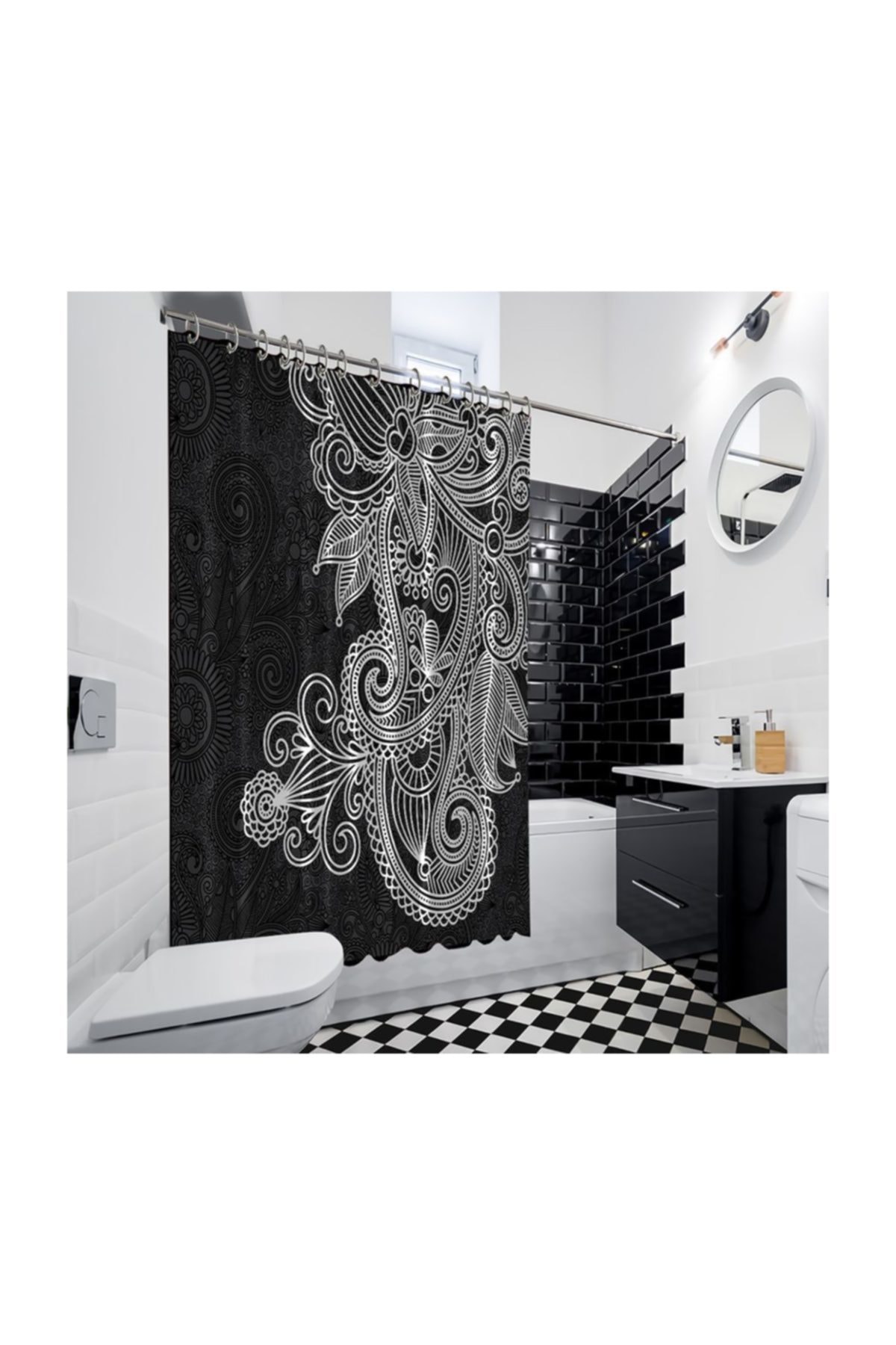Henge Home Baskılı Duş Perde Siyah Ve Beyaz Çiçek Desenli