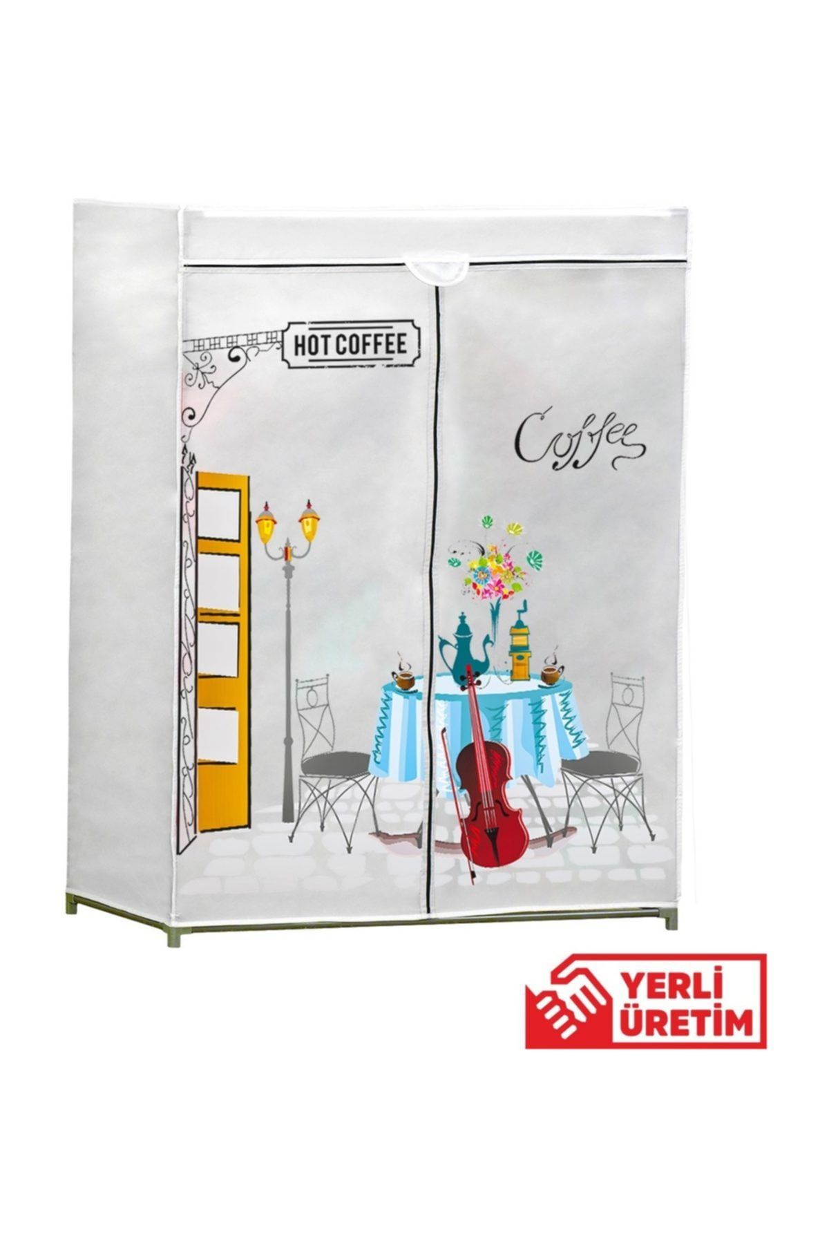 AsudeHome Ev Gereçleri Halley Portatif Bez Dolap Sörf Baskılı Sıcak Kahve Bez Gardırop