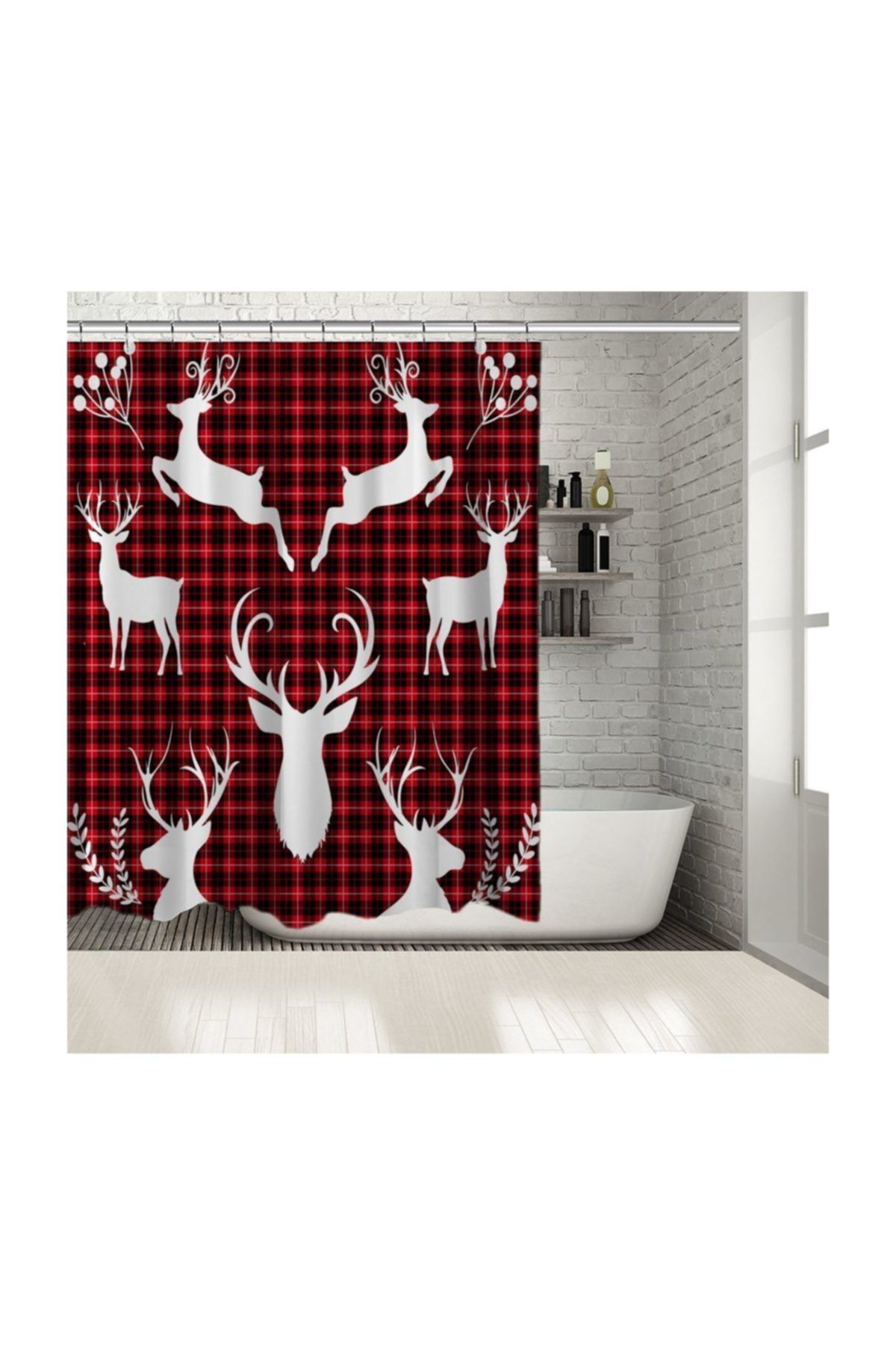 Henge Home Noel Kırmızı Siyah Ekose Üzerine Geyik Desenli Duşperdesi