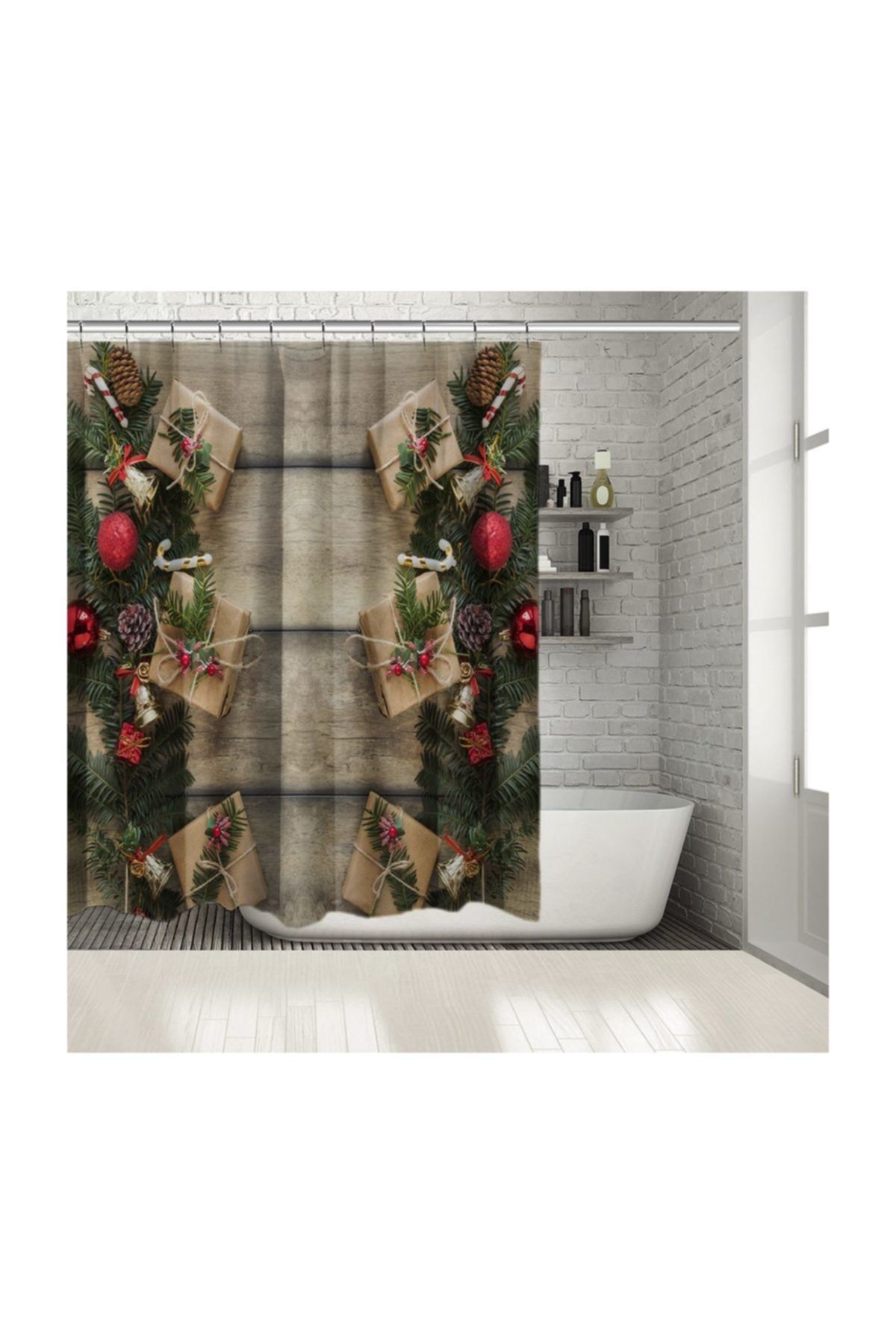 Henge Home Ahşap Masa Çam Kozalakları Dallar İle Noel Hediye Paketleri Duşperdesi