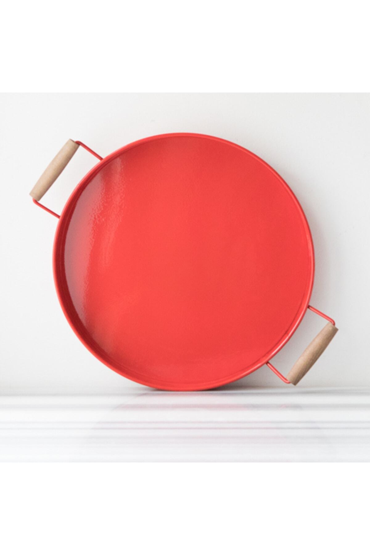Refikadan Ahşap Kulplu Galvaniz Kırmızı Yuvarlak Tepsi - 37 Cm