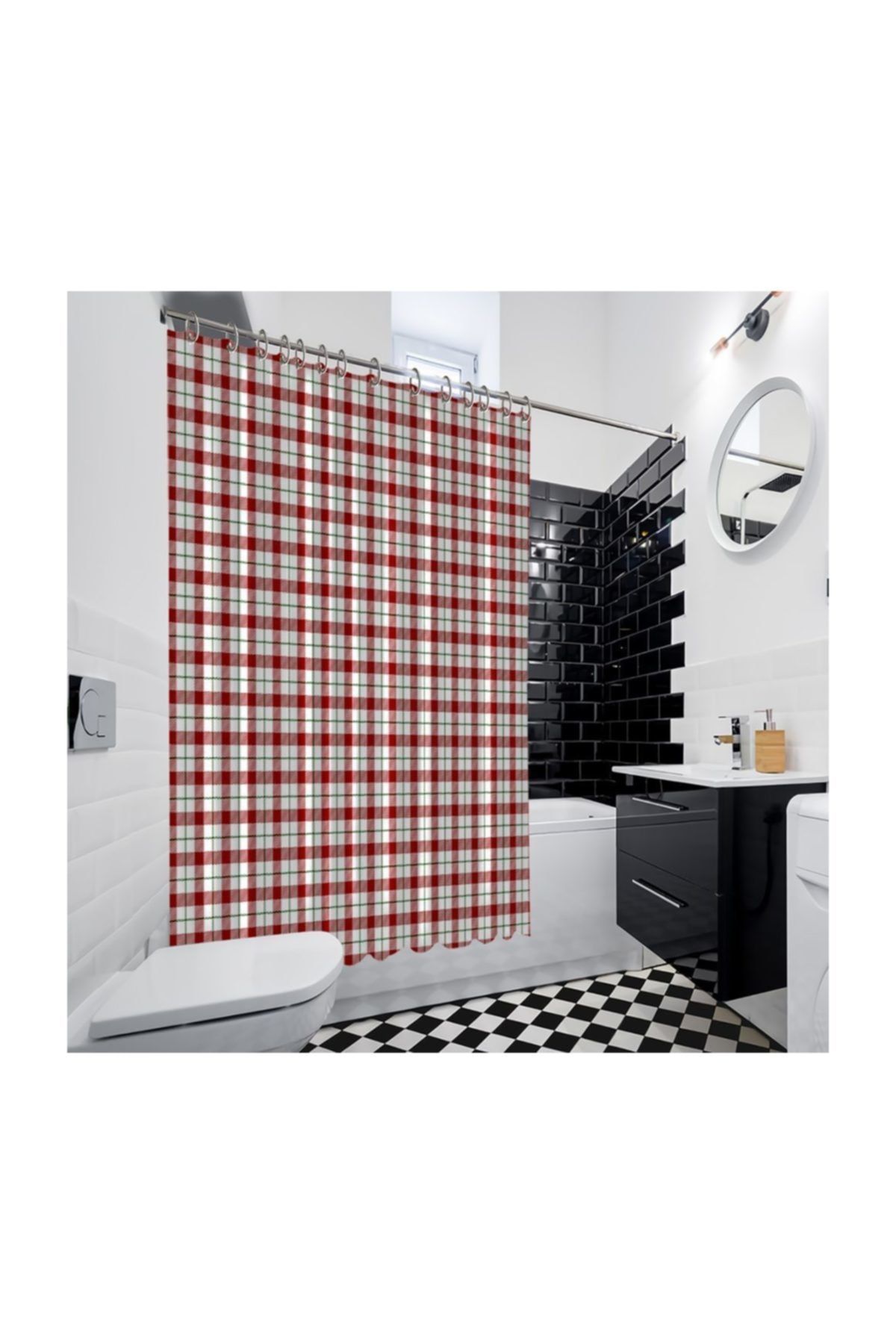 Henge Home Noel Yeniyıl Kırmızı Yeşil Beyaz Tartan Ekose Desen Duşperdesi