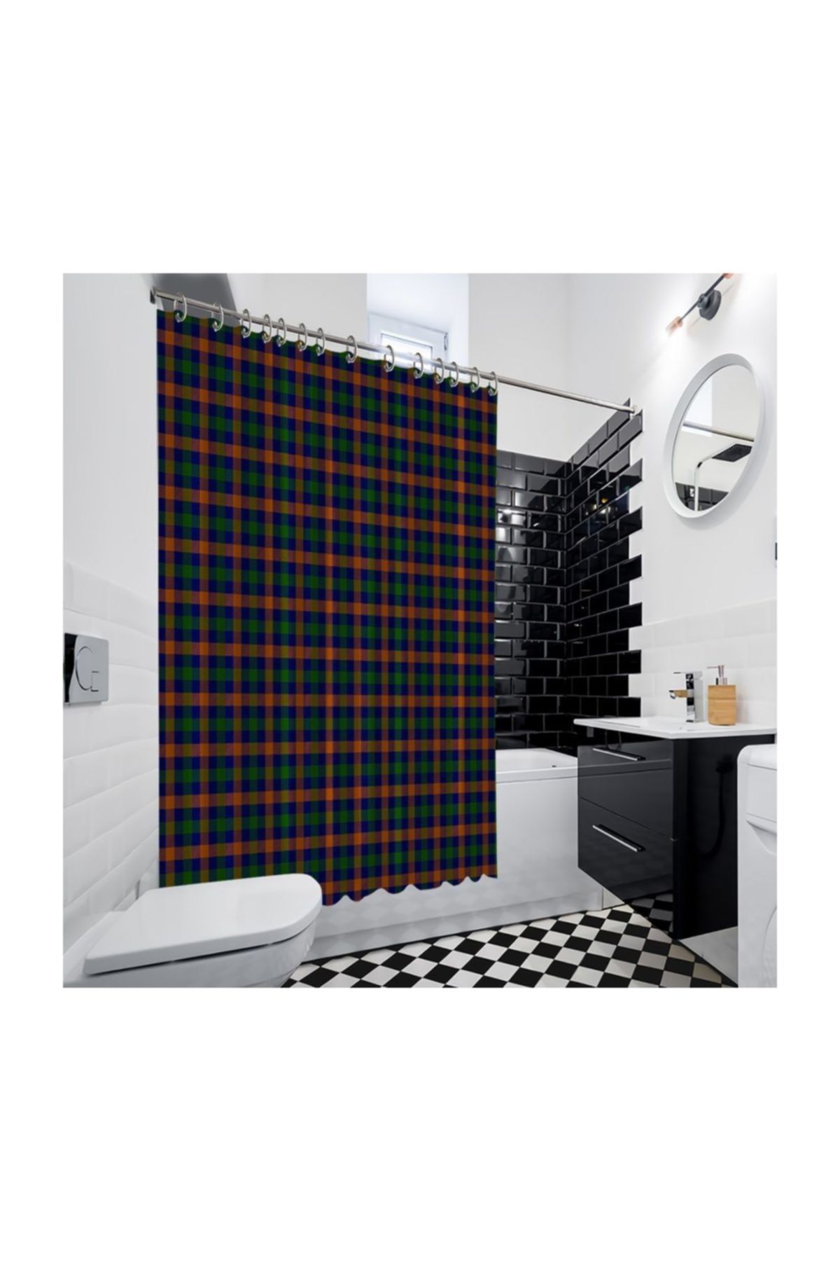 Henge Home Saks Oranj Yeşil Tartan Kare Büyük Ekose Desenli Duşperdesi