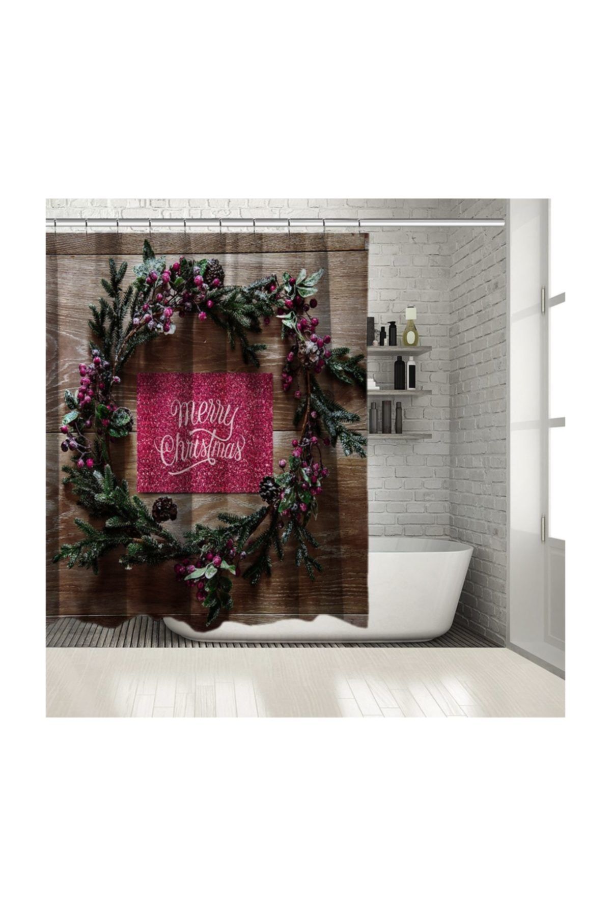 Henge Home Ahşap Noel Yılbaşı Çam Ağacı Dalları İle Çelenk Pembe Yeşil Duşperdesi