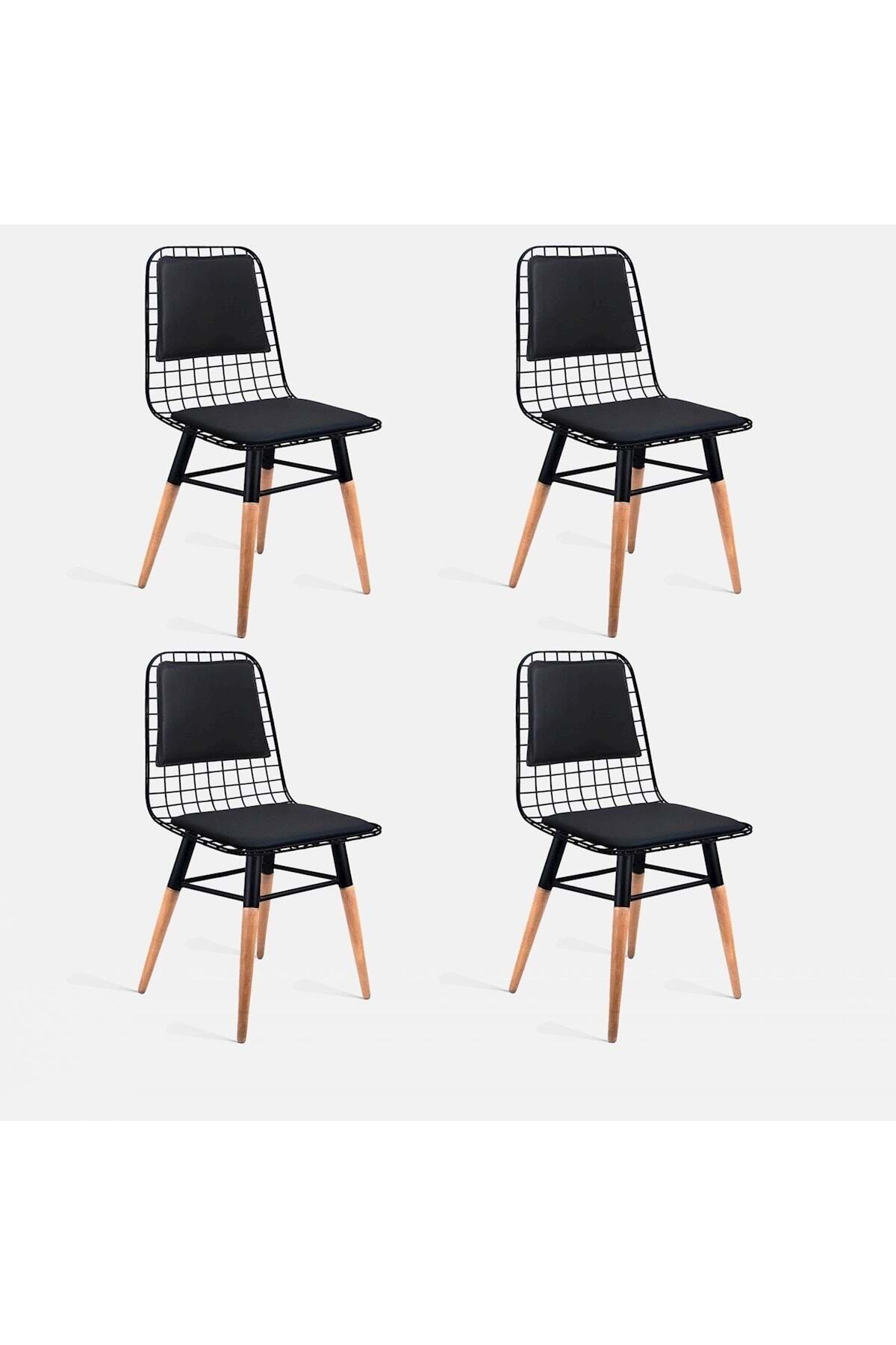 Theia Tasarım Ahşap Ayaklı Sırt Minderli Sandalye 4 Lü Set