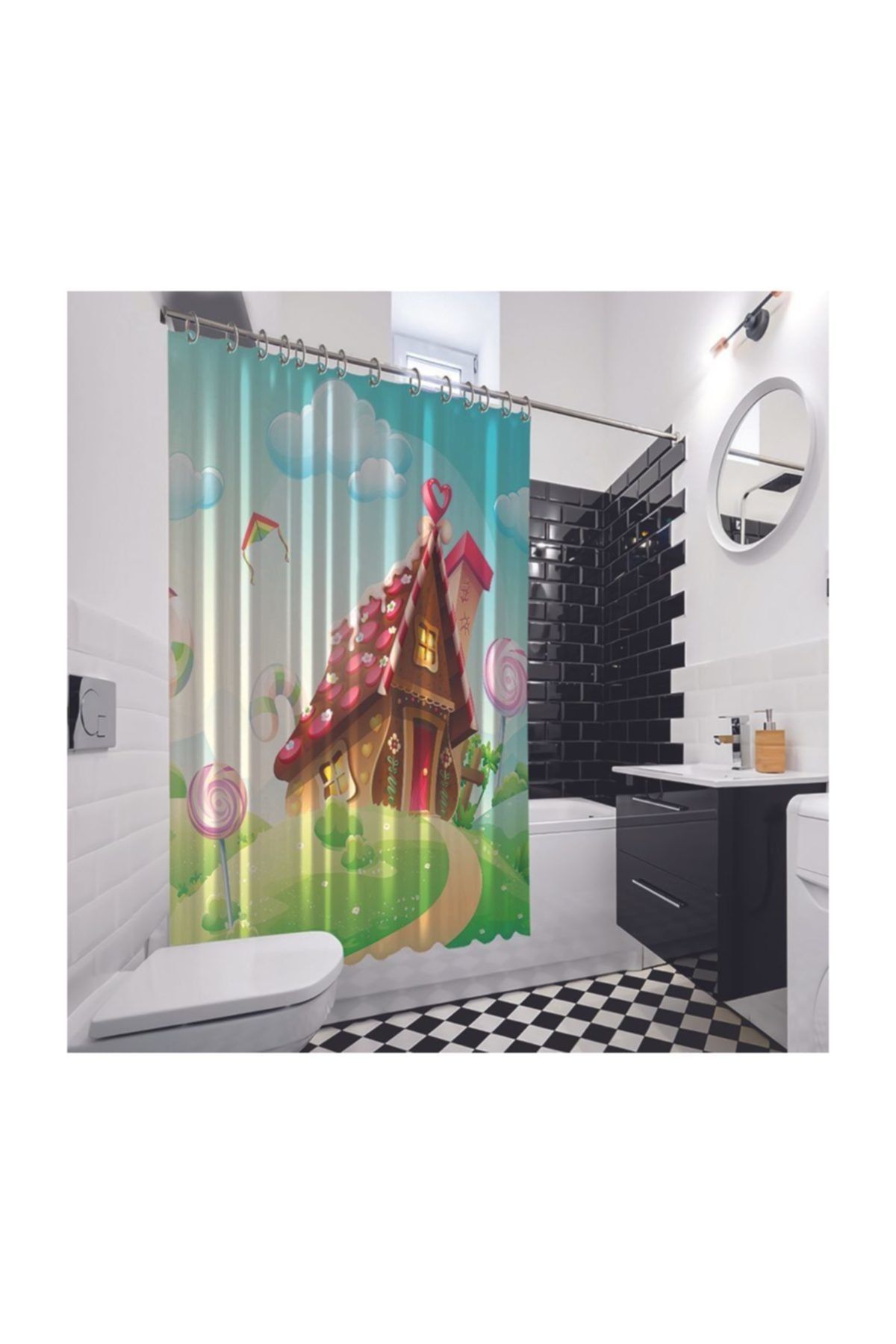Henge Home Çocuklar İçin Pasta Ev Desenli Duşperdesi