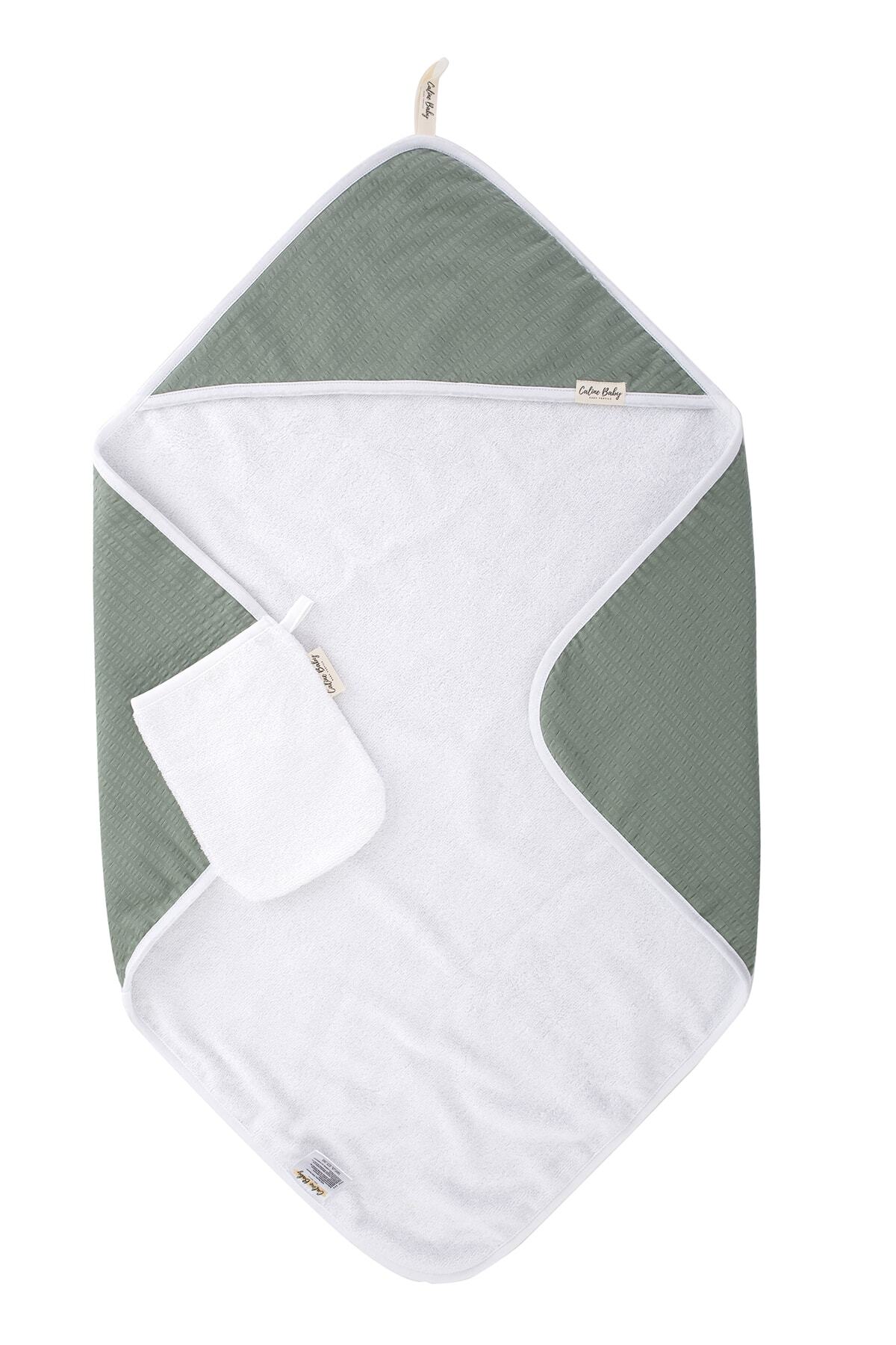 Caline Baby Bebek Havlu Kundak 73x73cm + Banyo Kesesi - Buzdağı Yeşili