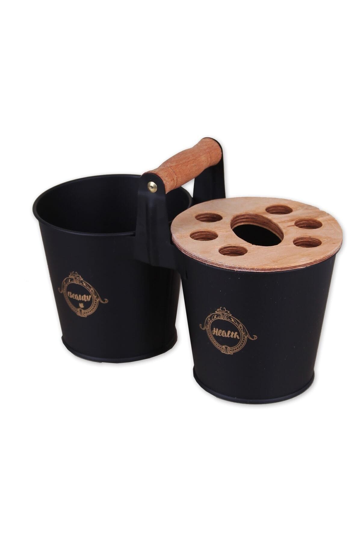 Senin Dükkanın Siyah Metal Ahşap Saplı Diş Fırçalık Banyo Düzenleyici Organizer 2'li