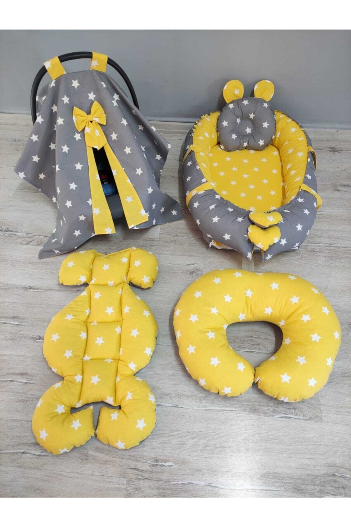 BABYNEST SEPETi Gri Yıldız, Sarı Yıldız Desen Kombin Orijinal Babynest Seti