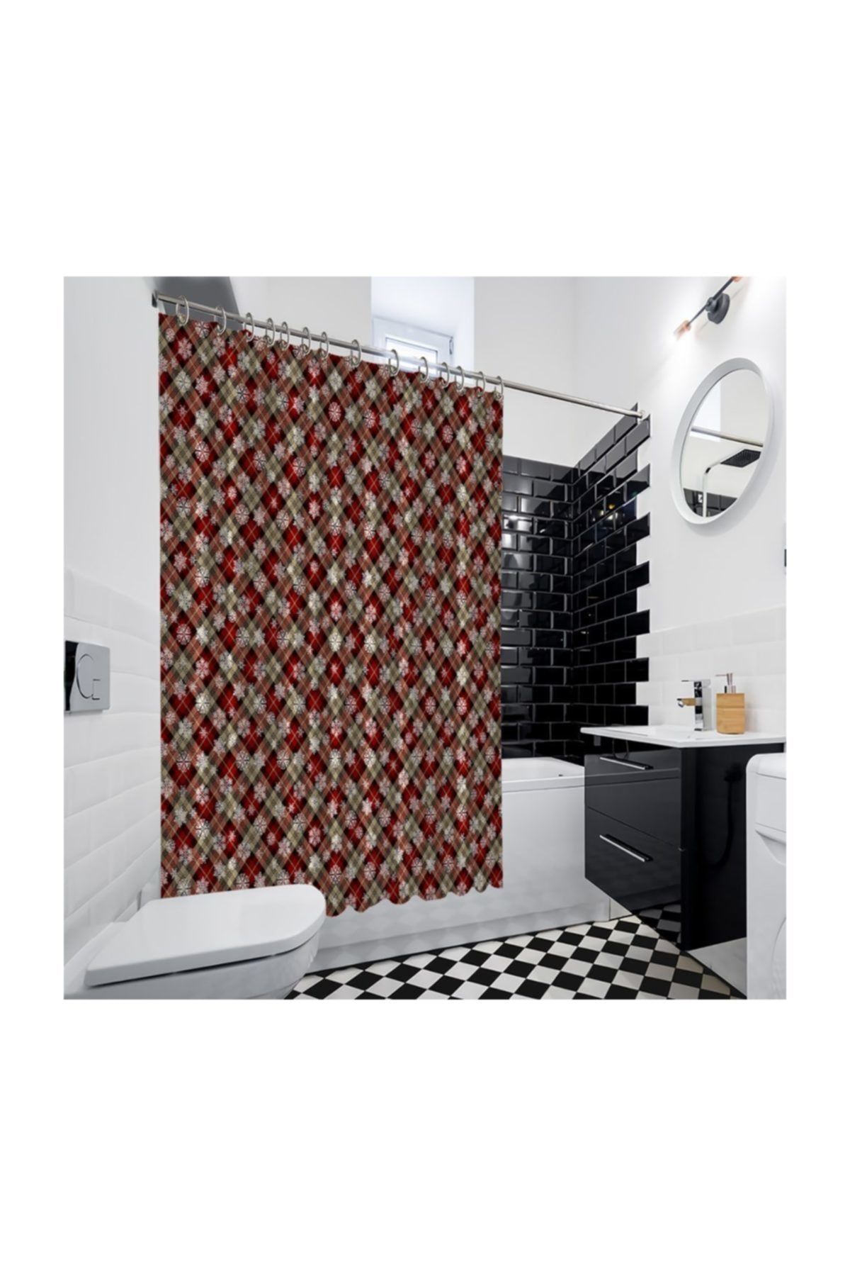 Henge Home Baskılı Duş Perde Noel Yılbaşı Kar Taneli Kırmızı Siyah Ekose Desenli