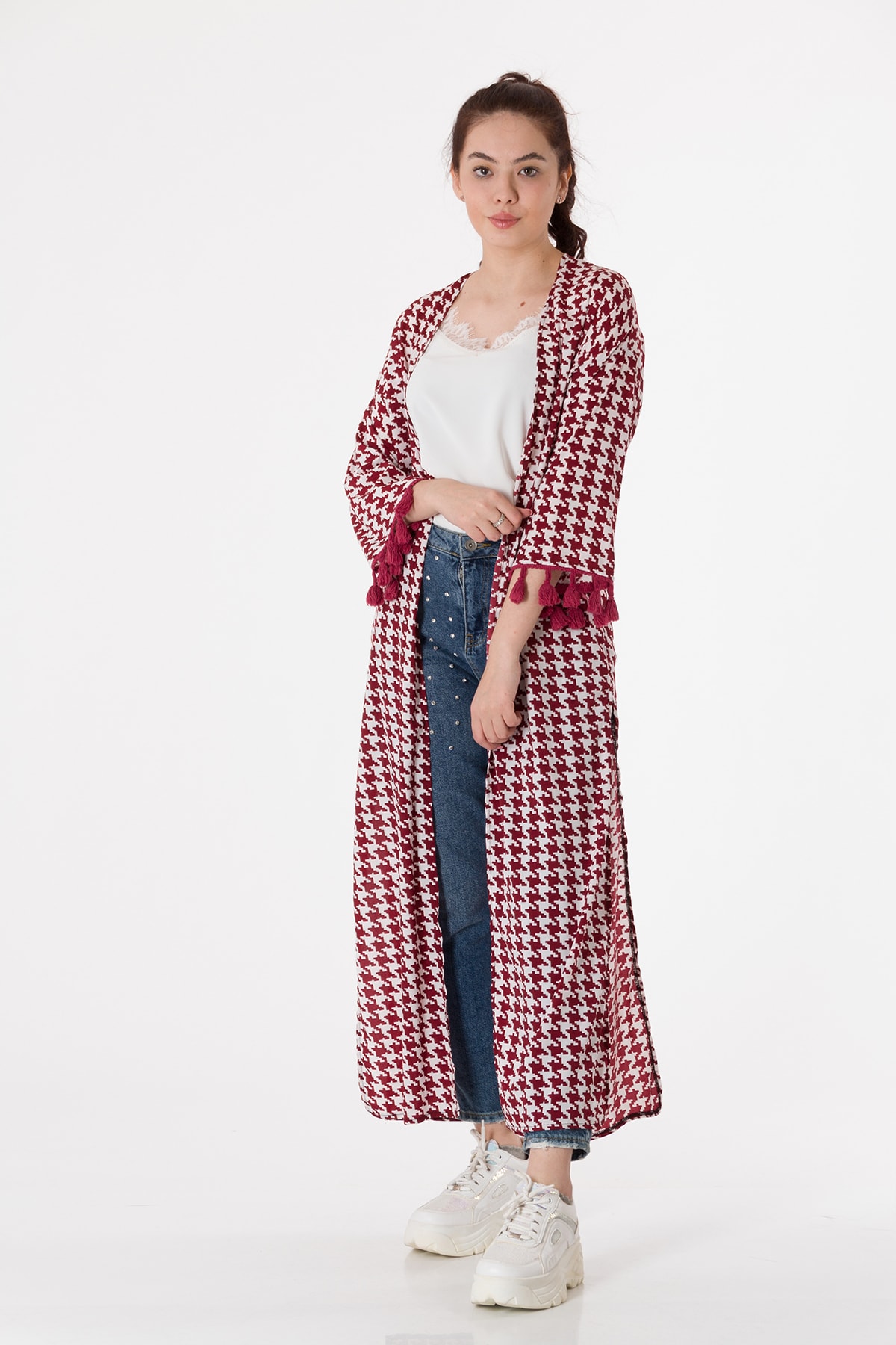 BUTİK DAYI Kaz Ayağı Desenli Kol Püskül Detaylı Bordo Kimono