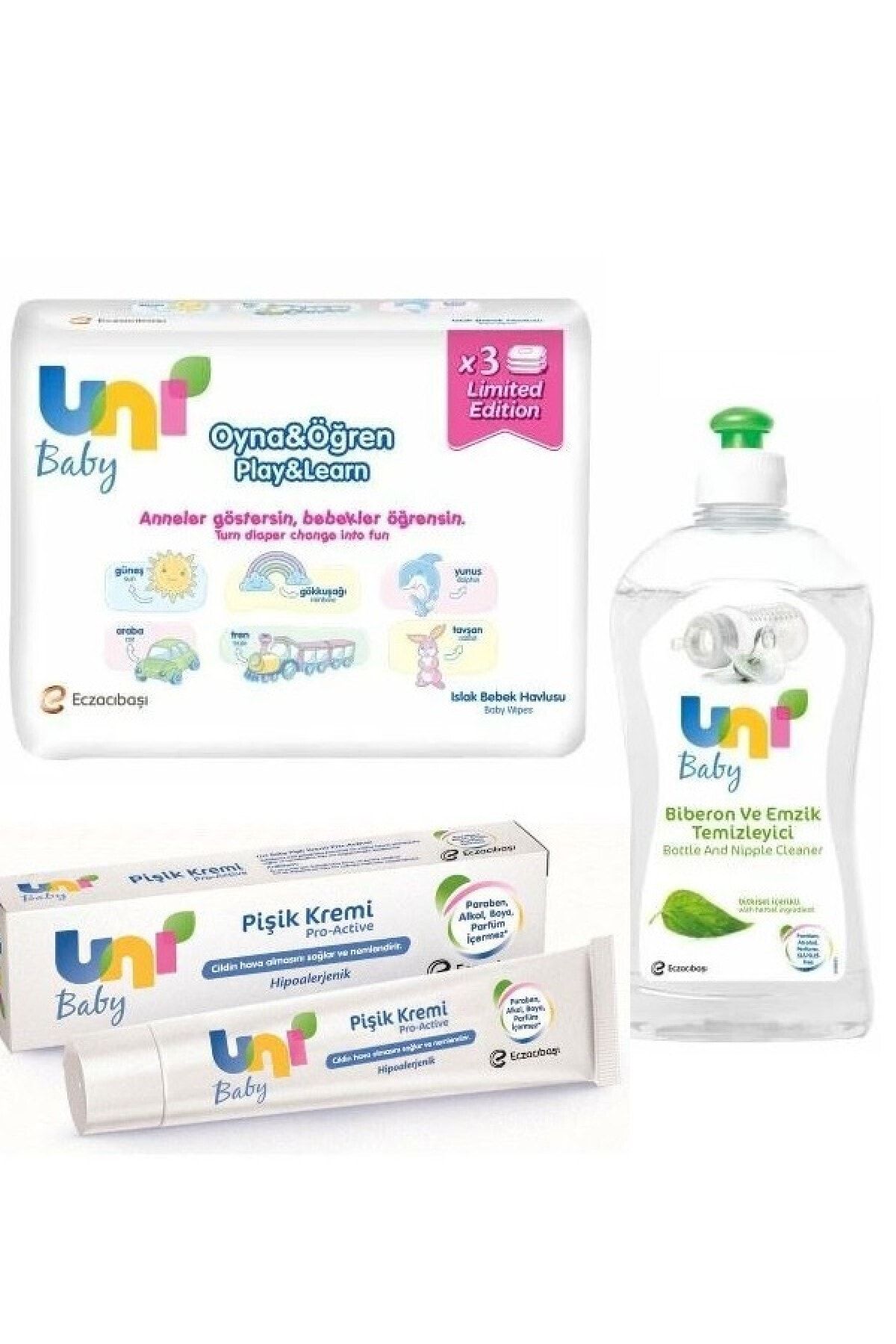 Uni Baby Alkol Ve Paraben Içermeyen Islak Havlu 3 lü+biberon Emzik Temizleyici 500 ml+pişik Kremi 30ml