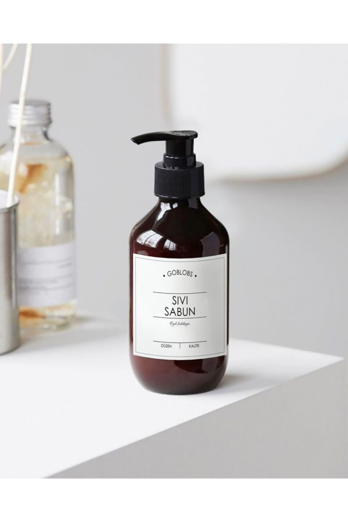 GO BLOBS 300ml Amber Kahverengi Cam Şişe Sıvı Sabun Beyaz Etiketli