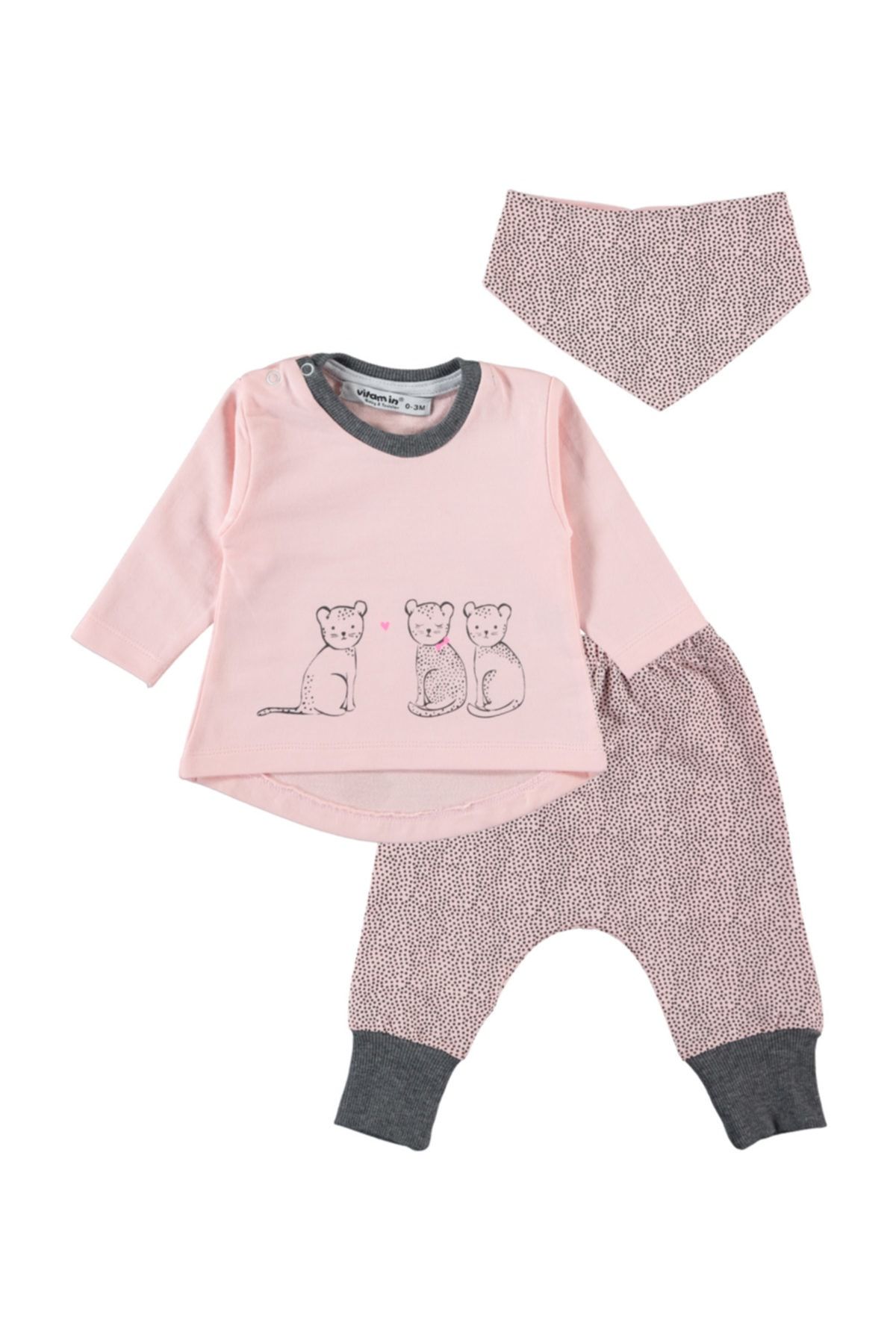 BÜŞRA Kedi Desenli, Önlüklü Kız Bebek Pijama Takımı Pembe 3-12 Ay