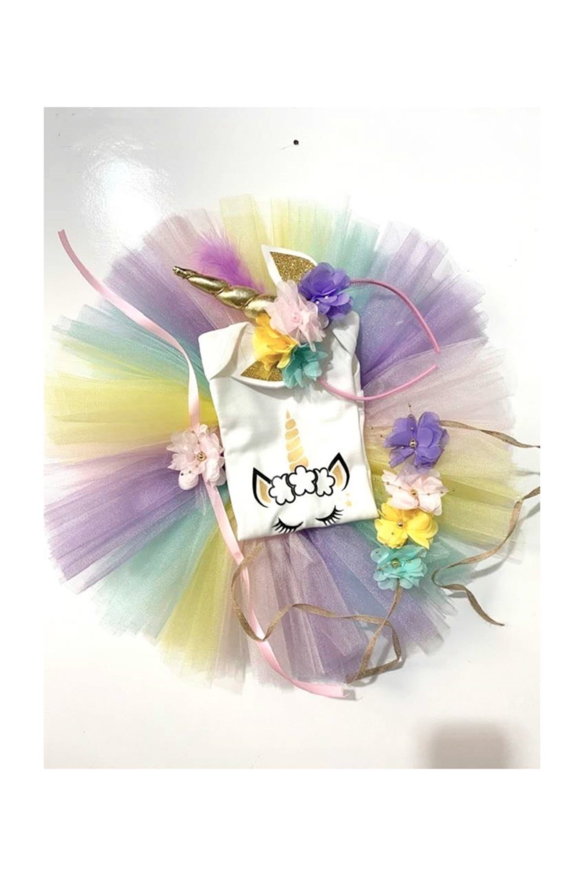 bba new trend Unicorn Tütü Set,tsort,etek,taç,bileklik Anne Tacı