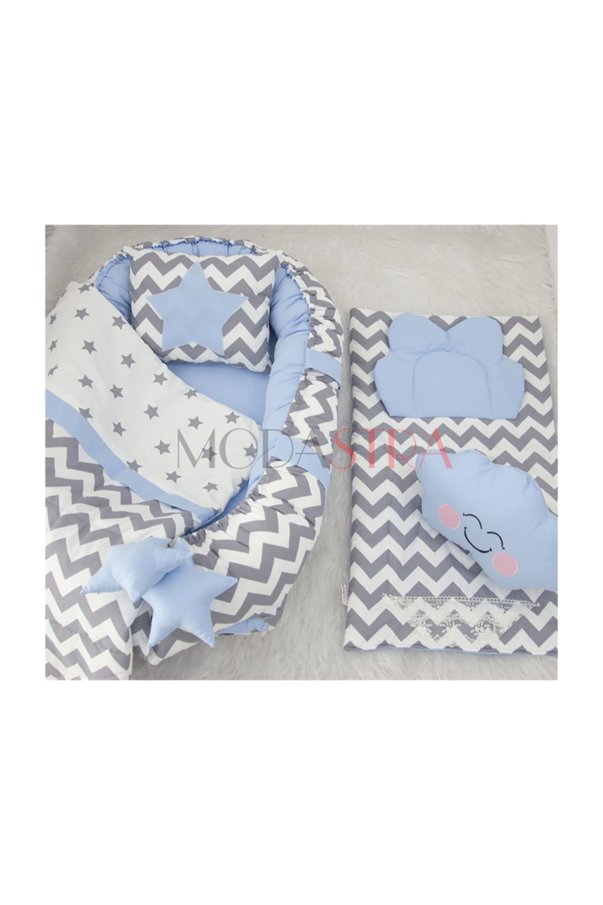 Babynest Gri Zigzag Ve Bebek Mavisi Tasarım Ve Altaçma Set Bebek Yuvası