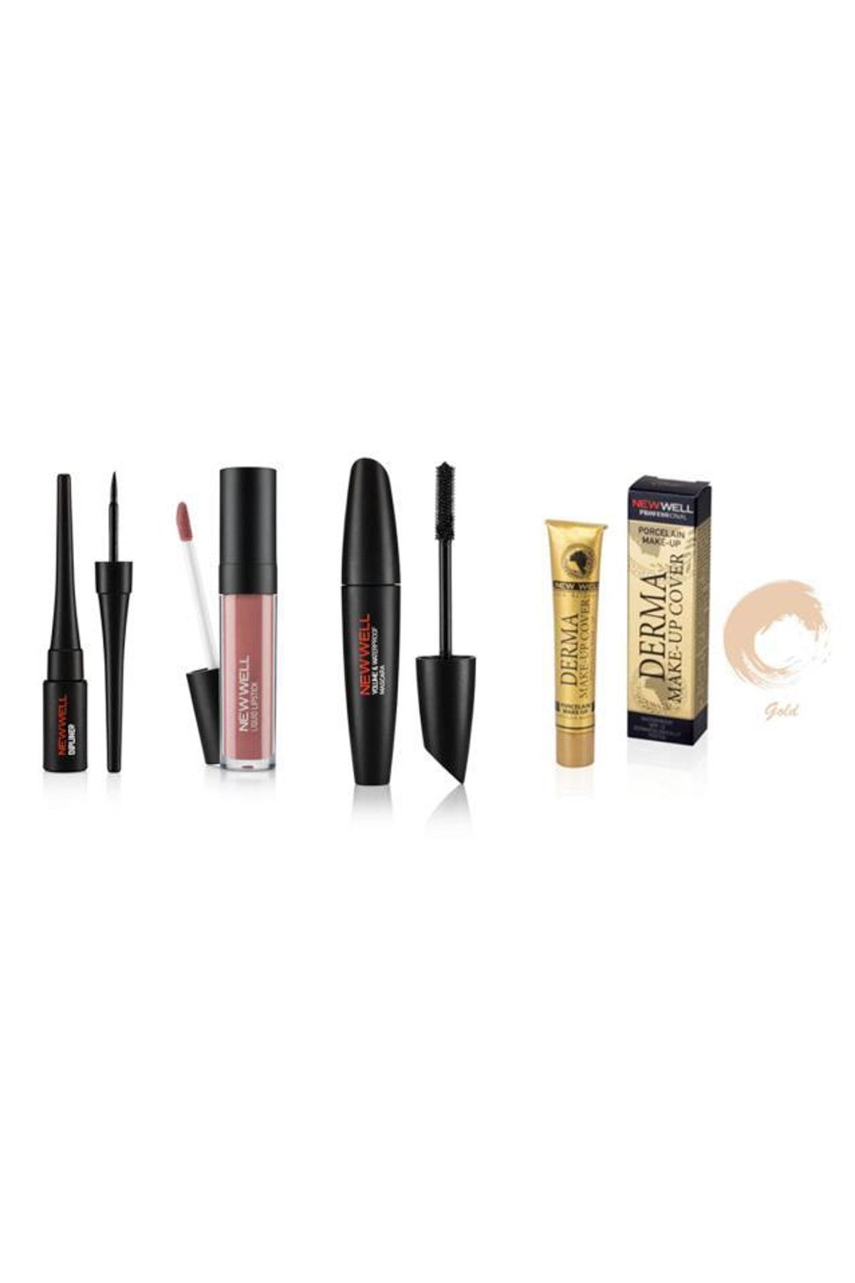 New Well Make Up Dipliner+Yoğun Kapatıcı Fondöten 01 Gold+Porcelain Make Up Lipstick D-204 6 ml+Maskara 8 gr