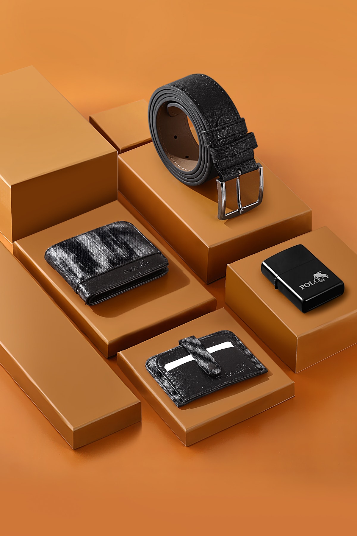 ست فندکی بنزینی جای کارت کمربند کیف پول مردانه اسپرت مشکی جعبه ای