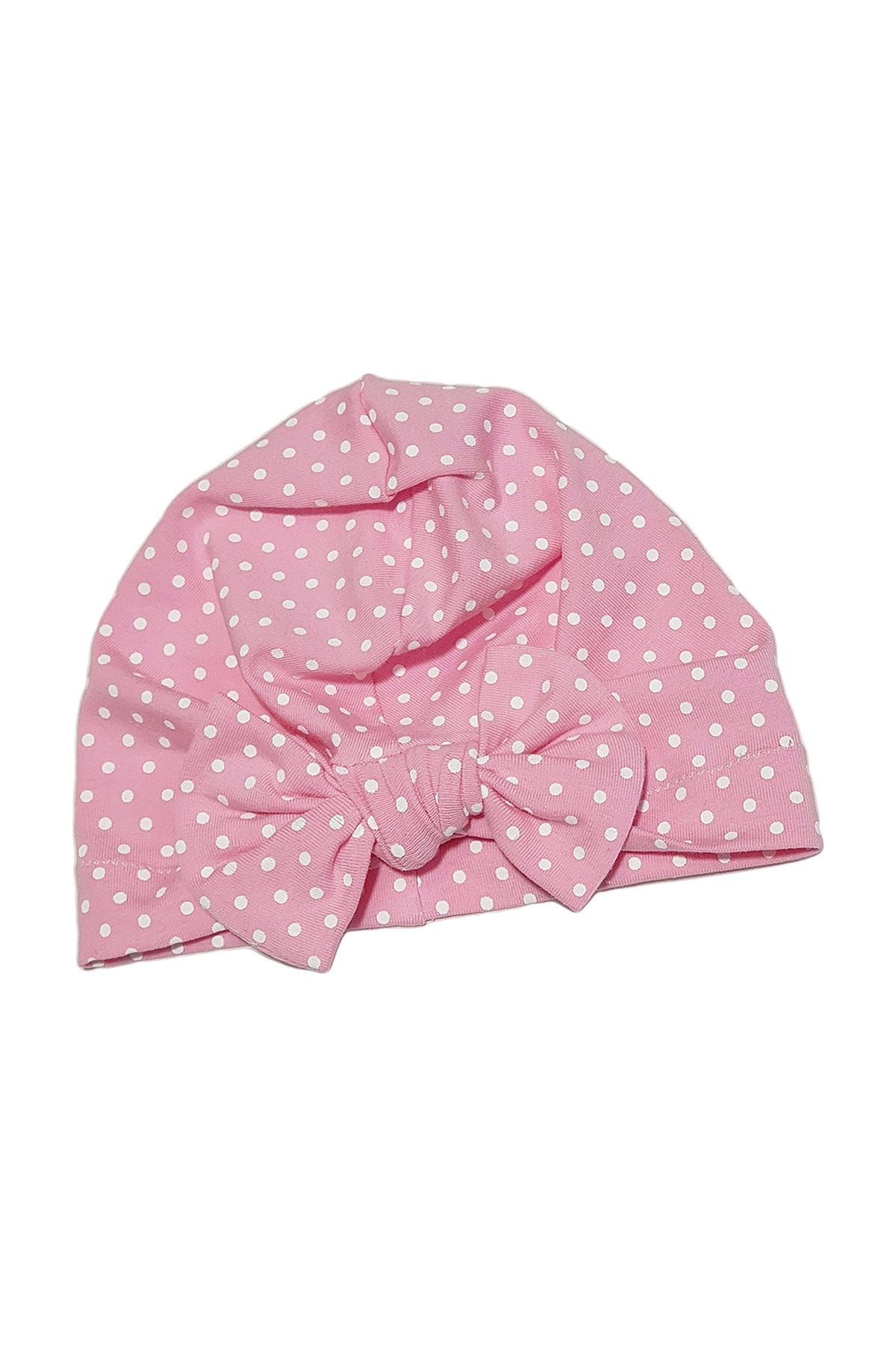 Babygiz Kız çocuk pembe ekru renkli puantiyeli fiyonk bone bere