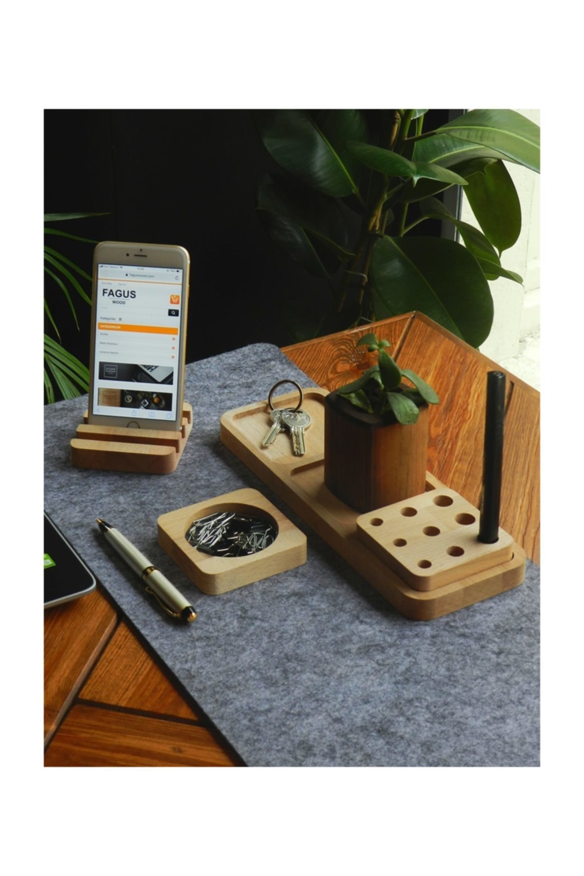 Fagus Wood Masaüstü Düzenleyici Kalemlik Organizer Ahşap Telefon Standı