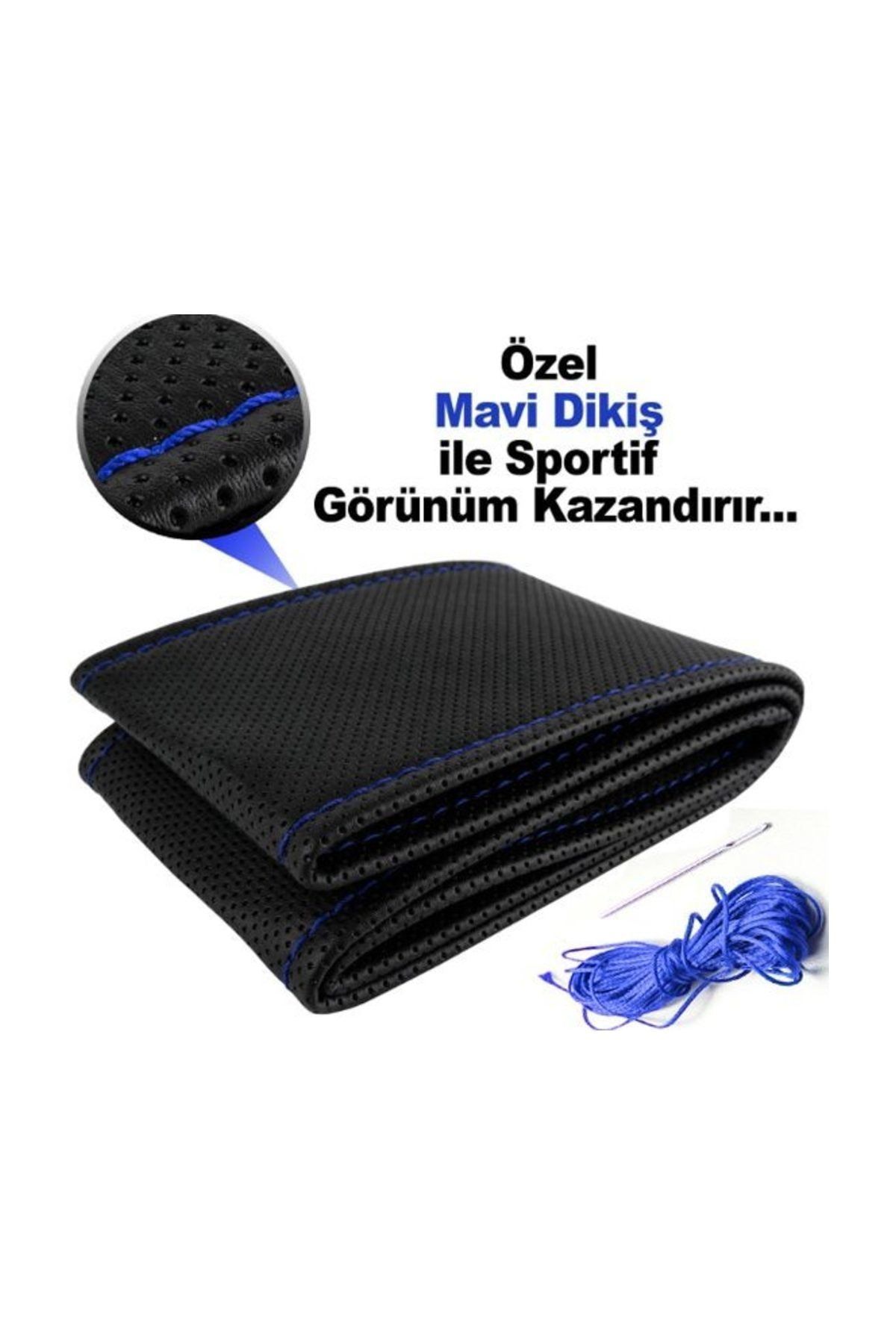 AutoEN Ford Focus 3 Sedan Deri Direksiyon Kılıfı Sarmalı Dikmeli Siyah Mavi Dikişli Kokusuz