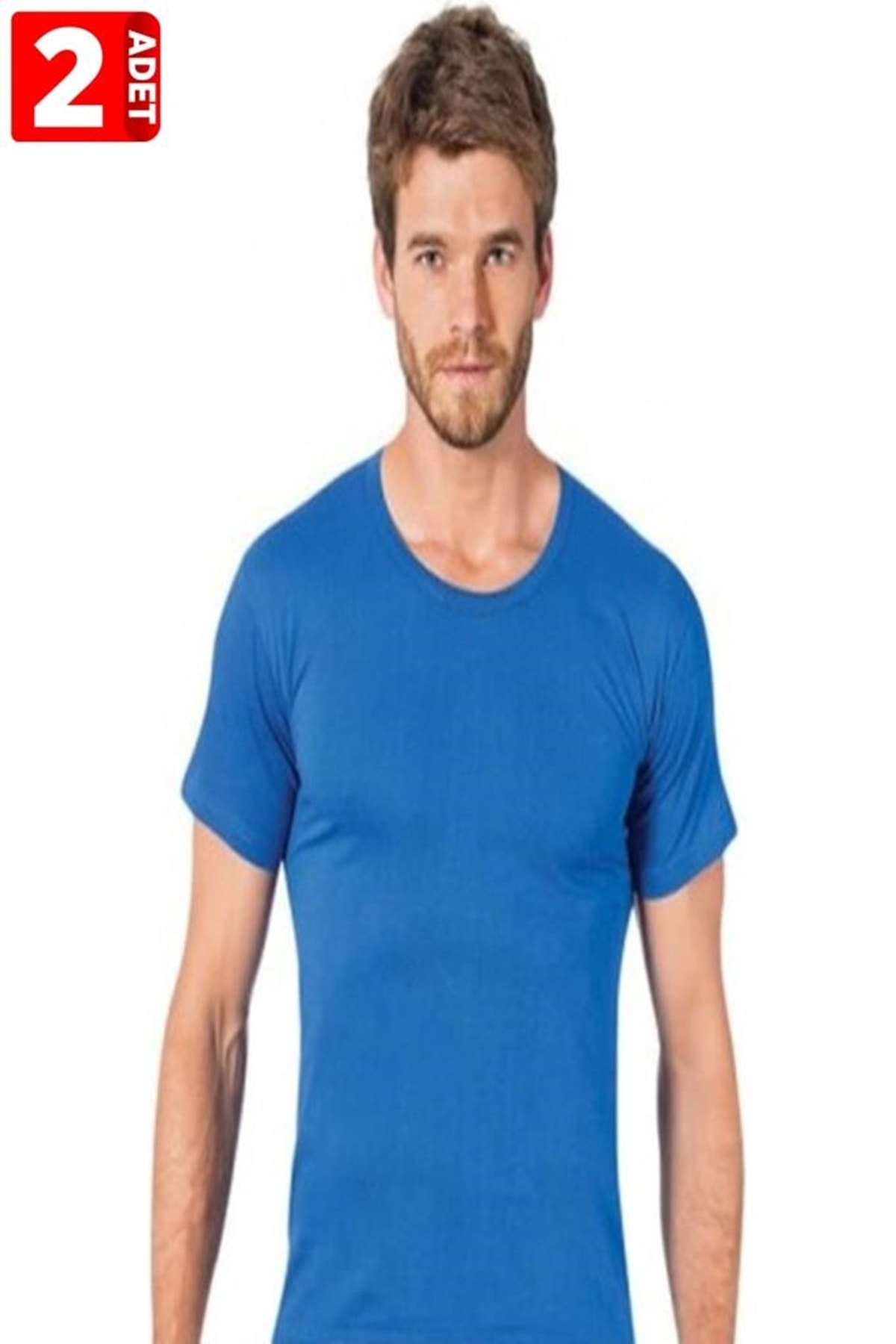 Seher Yıldız Erkek 2'Li Paket %100 Pamuk %100 Pamuk Açık Yaka Fanila Saks Mavi