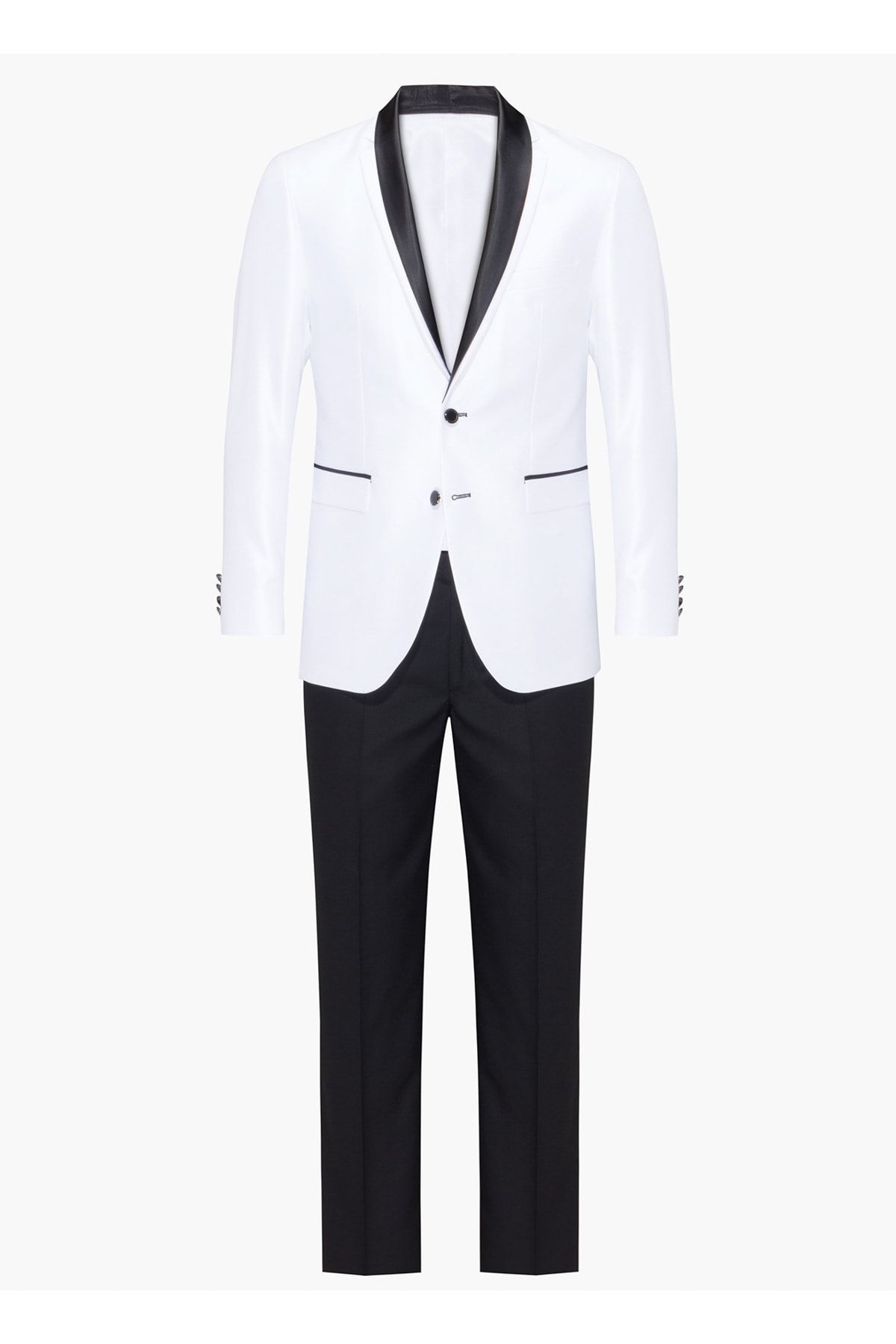 hateko Super Slim Fit Siyah Saten Yaka Detaylı Beyaz Smokin Damatlık - H106750