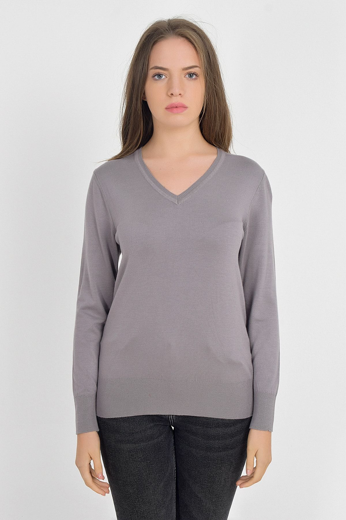 Butik Vedat Kadın Gri V Yaka Triko V1001