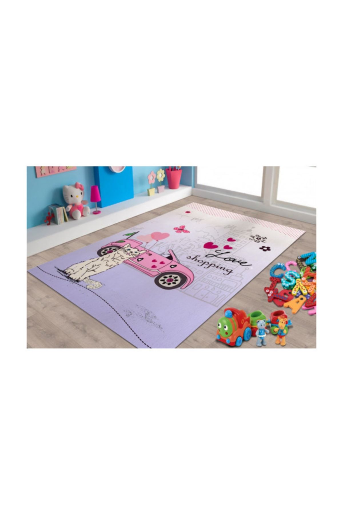Herms Veronya Kedi Ve Araba Desenli Kaymaz Taban Çocuk Odası Halısı