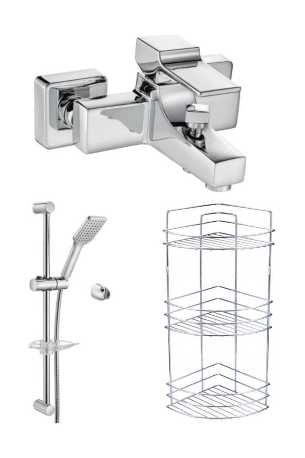 Eca Caro Banyo Bataryası Tiera Sürgülü Duş Takımı 3'lü Köşe Raf 424+029+Metal Şampuanlık 3'lü Set