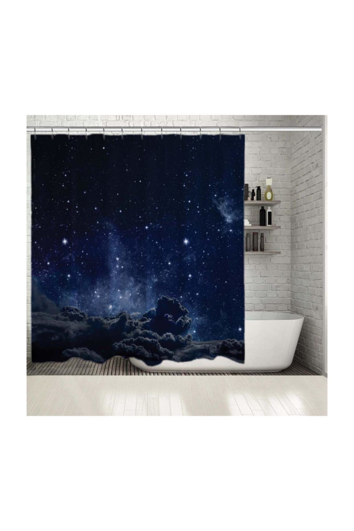 Henge Home Baskılı Duş Perde Gri Bulut Gece Gökyüzü Desenli