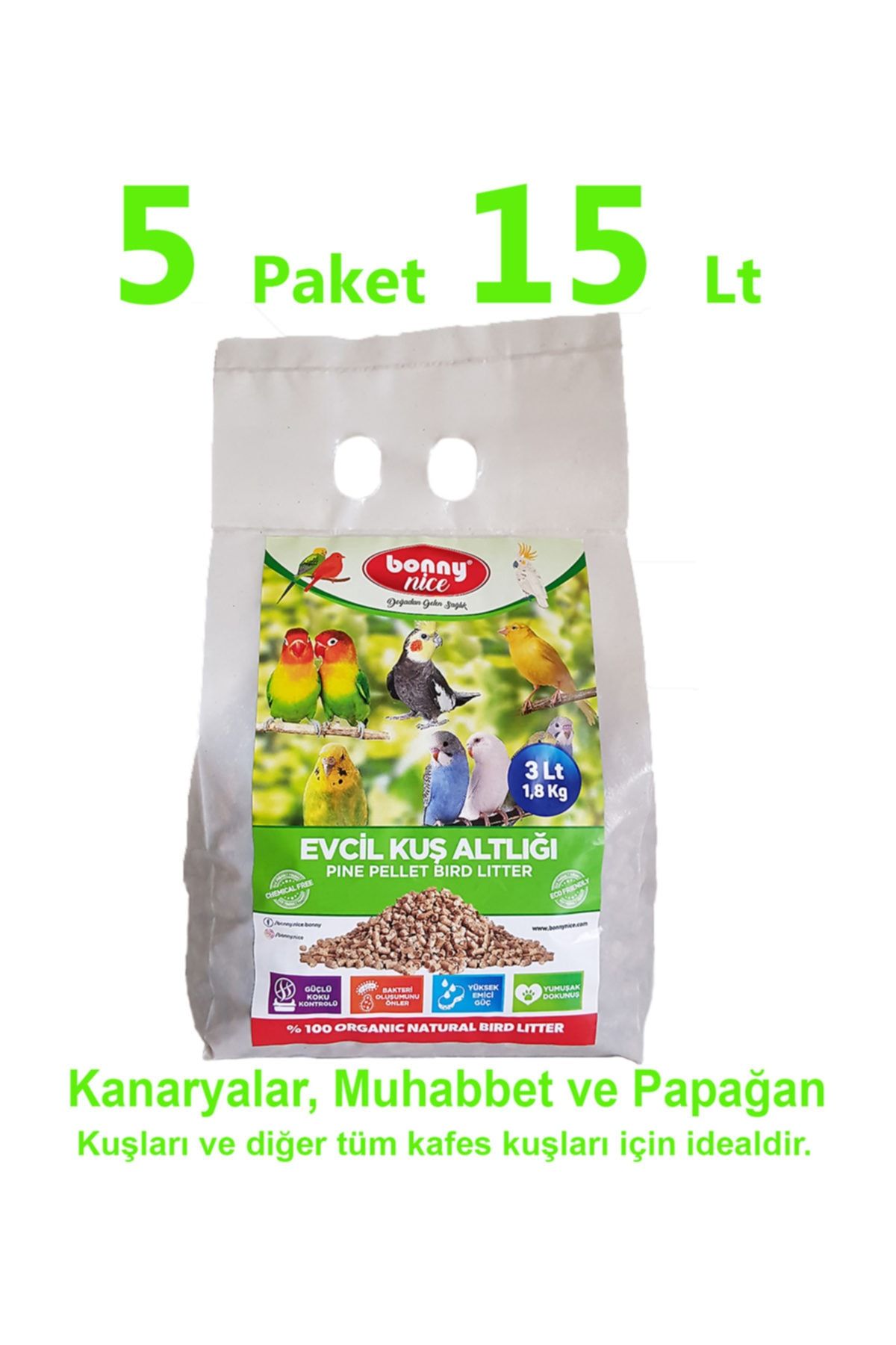 Bonny Nice Çam Pelet Evcil Kuş Altlığı 1.8 Kg 3 L X 5 Paket
