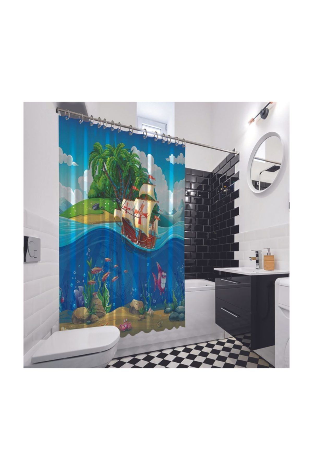 Henge Home Çocuklar İçin Korsan Gemi Desenli Duşperdesi