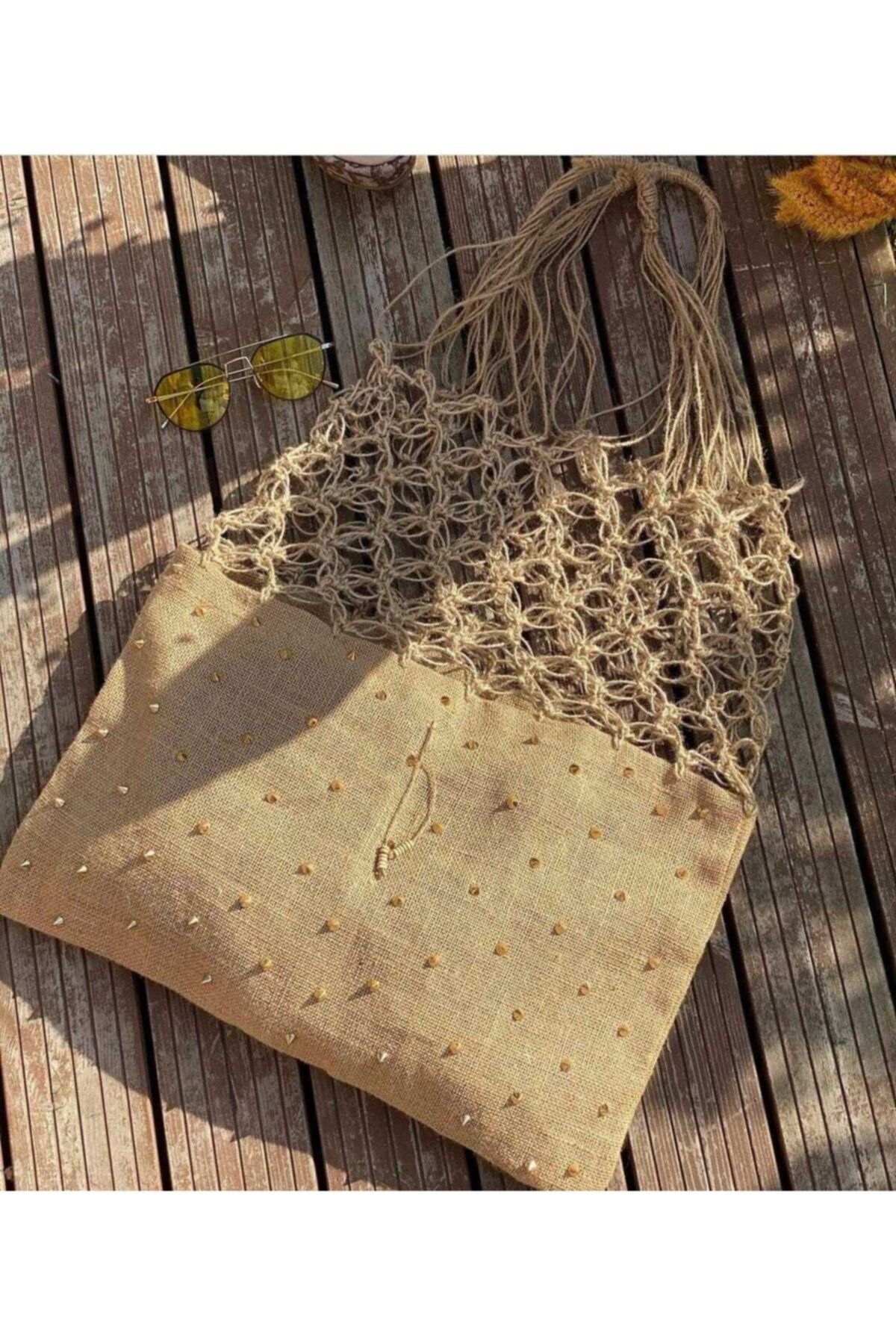 SisloveFashion Kadın Bej Hasır Örme Zımbalı Çanta